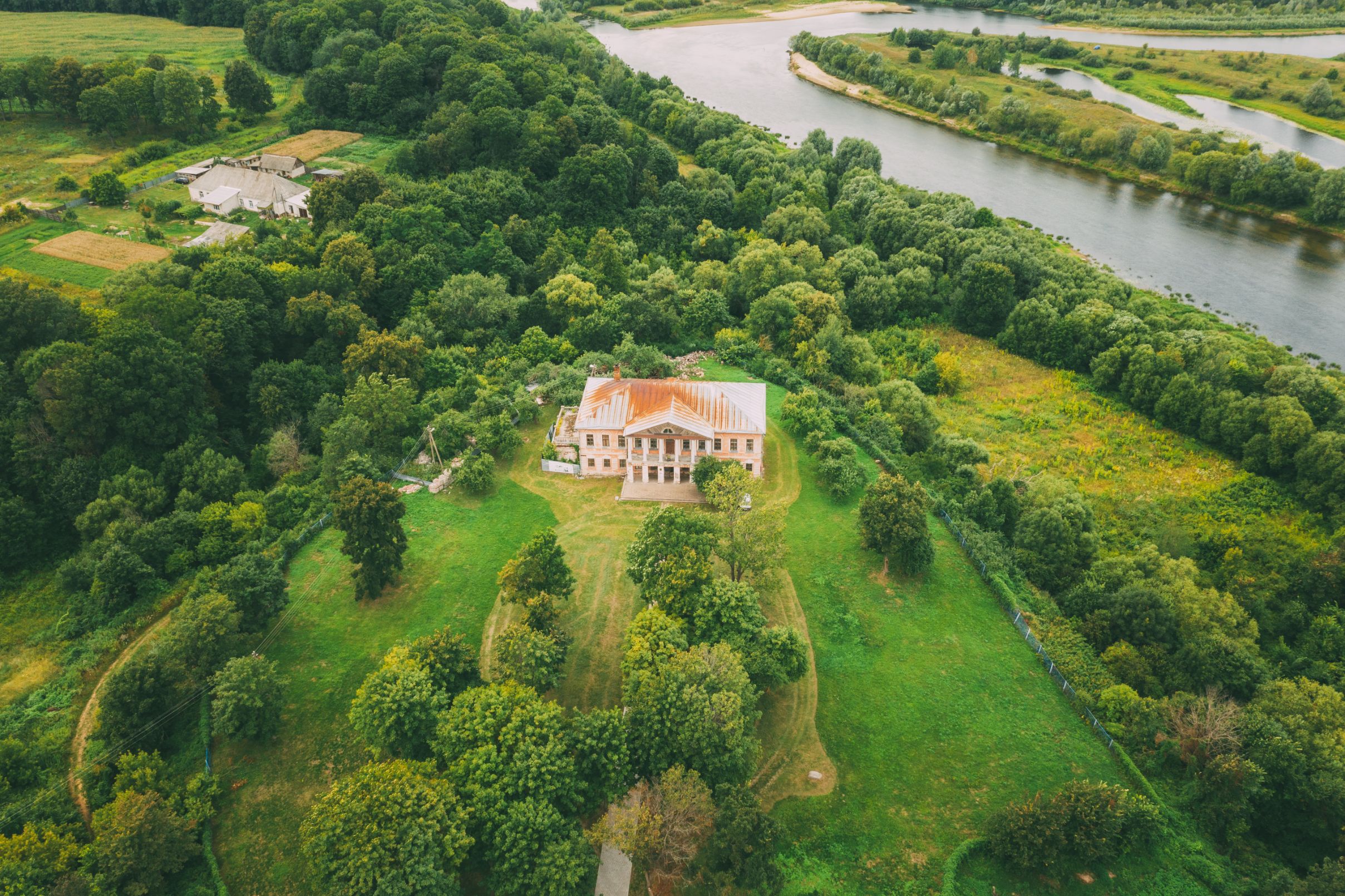Khal'ch, Vetka District, Belarus. Aerial View Old House Manor Of Landowner Voynich-Senozhetskih. Top View Of Beautiful European Nature From High Attitude In Summer Season. Drone View. Bird's Eye View.