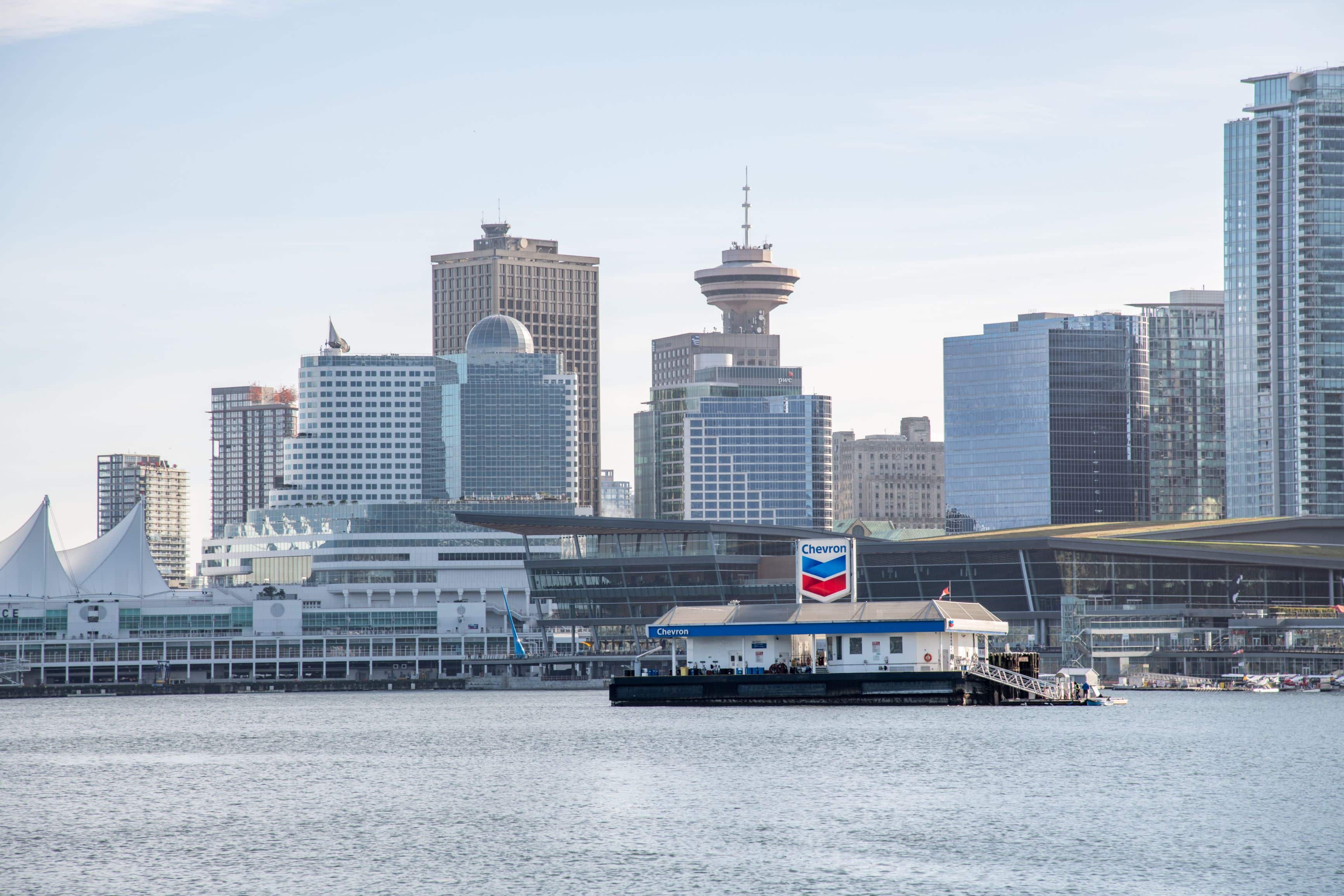 Vancouver, Canada: October 22, 2019: A Chevron Corporation gas station used to fuel sea planes in the city of Vancouver. Chevron Corporation was founded in 1879.