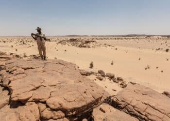 Niger - september 2013: Governmental military guard in North Africa Sahara desert border Libya Niger