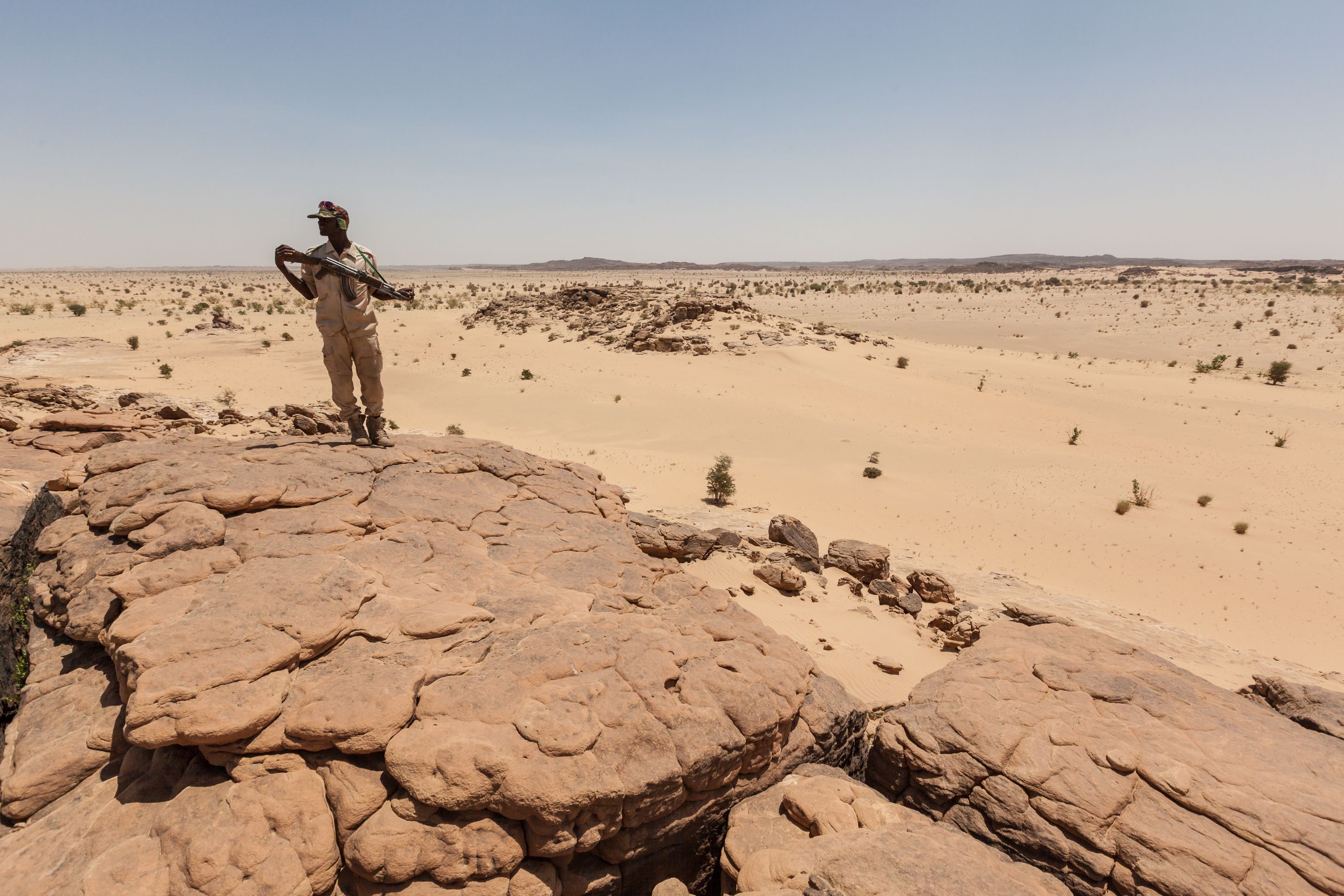 Niger - september 2013: Governmental military guard in North Africa Sahara desert border Libya Niger