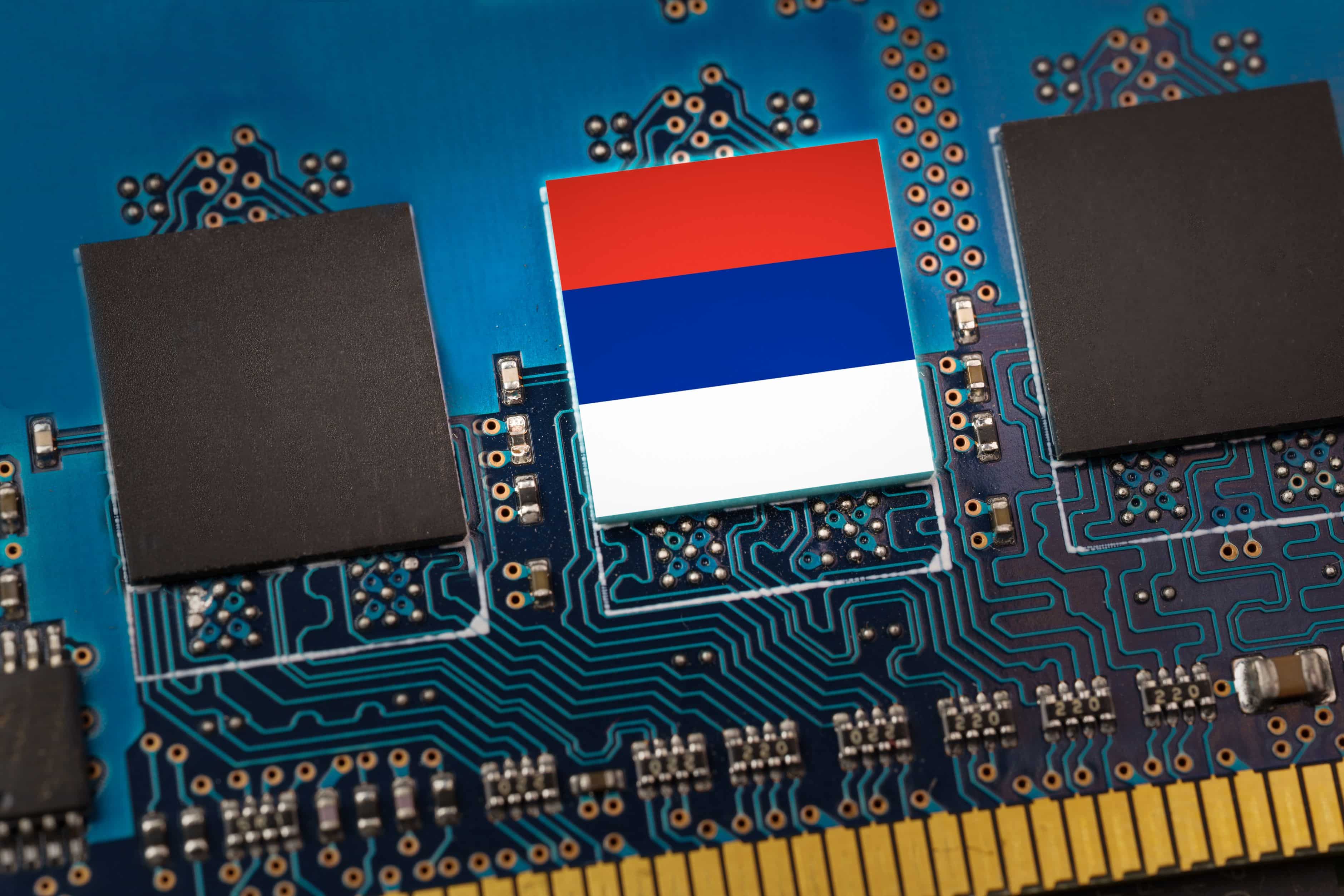Russian Federation flag in the center of a circuit board. Concept of leadership in technology, artificial intelligence or digital cryptocurrencies