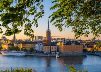 Beautiful panoramic view of Stockholm Gamla Stan skyline in Stockholm city, Sweden, popular tourist destination in Scandinavia. Sunset, summer evening - polar day at Monteliusvägen at Södermalm.