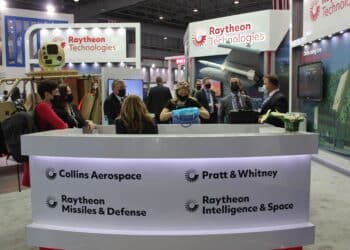 Dubai, UAE - November 14, 2021: Raytheon Technologies exhibitor pavilion at Dubai Airshow 2021 exhibiting the American aerospace and defense company's latest technological innovations.
