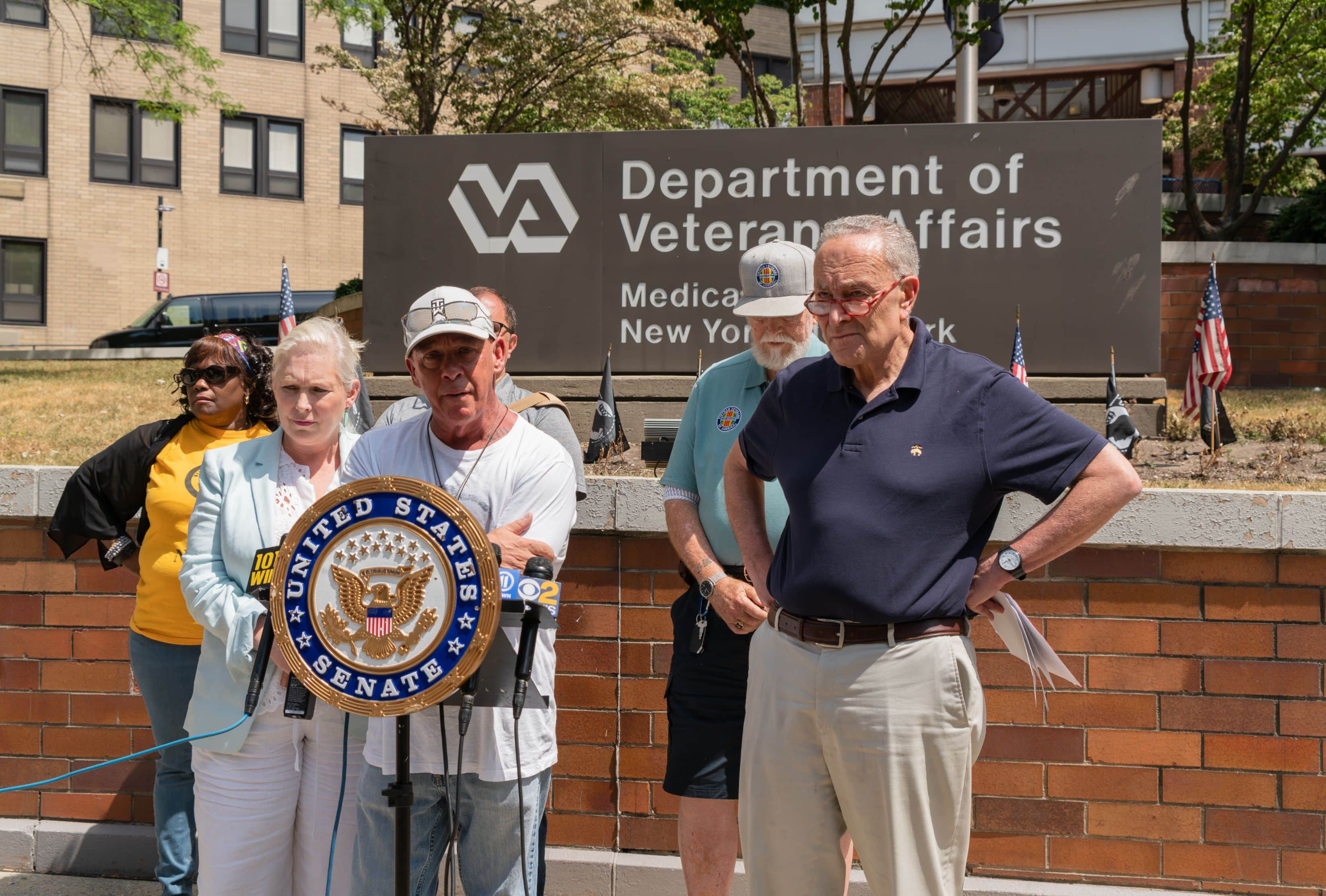 New York City, NY USA July 31, 2022. Senator Schumer and Gillibrand held a press conference at the Department for Veterans Affairs Medical Center, after Republicans refuse to pass the PACT Act.