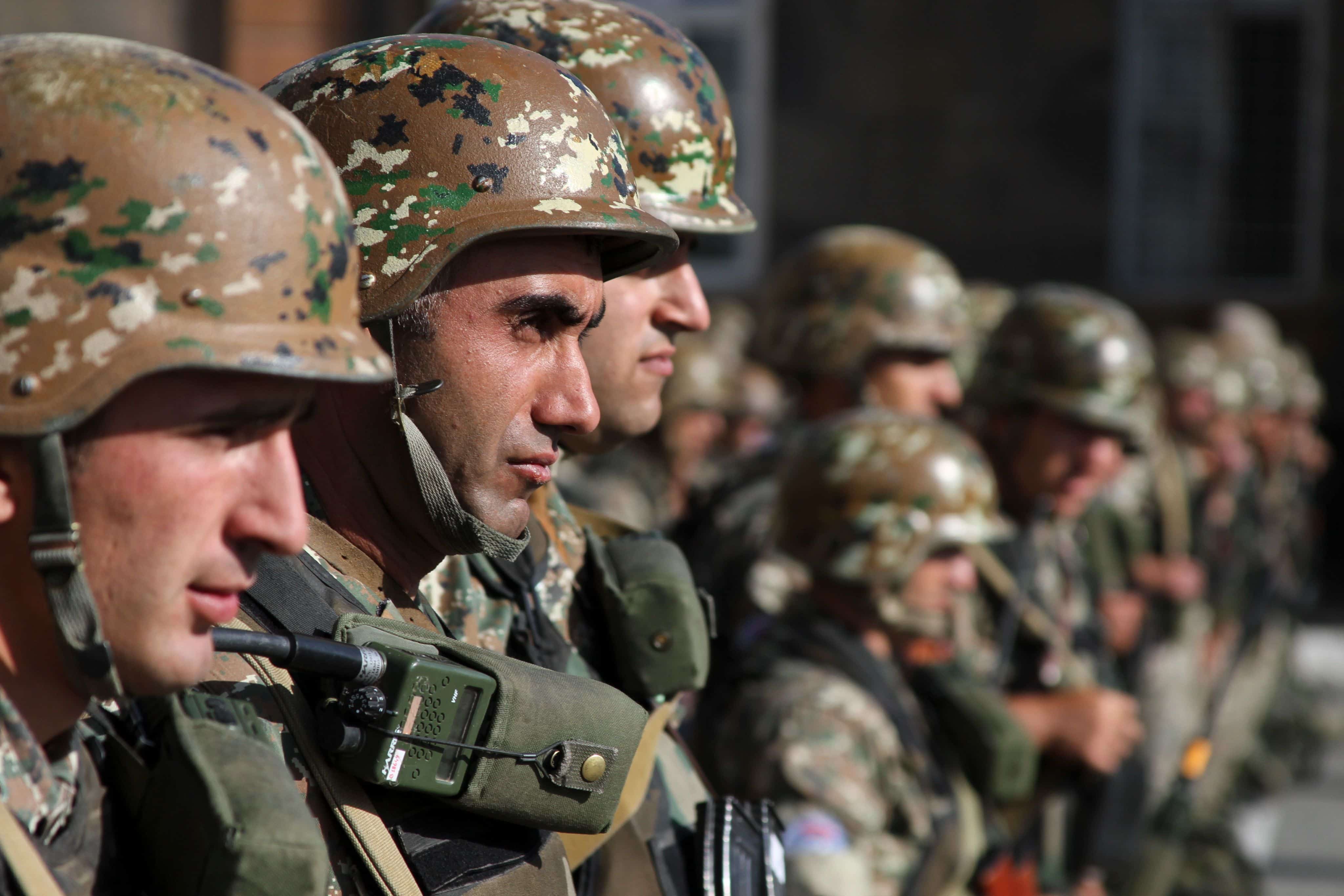 Soldiers with the Armenian Armed Forces Peacekeeping Brigade received certification as a NATO partner following an exercise in the Republic of Armenia Sept. 15-18, 2015. The brigade earned the certification by passing the second-level evaluation of the Operational Capabilities Concept of NATO's Partnership for Peace program. The certification solidifies Armenia's capabilities to support NATO peacekeeping operations, culminating years of preparation with assistance and guidance from the Kansas National Guard through the National Guard Bureau's State Partnership Program. (U.S. Army National Guard photo by Sgt. Zach Sheely/Released)