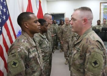 Soldiers of the 184th Sustainment Command are promoted to the rank of sergeant at Camp Arifjan, Kuwait, July 13, 2019. (U.S. Army National Guard photo by Sgt. Ashley Breland)