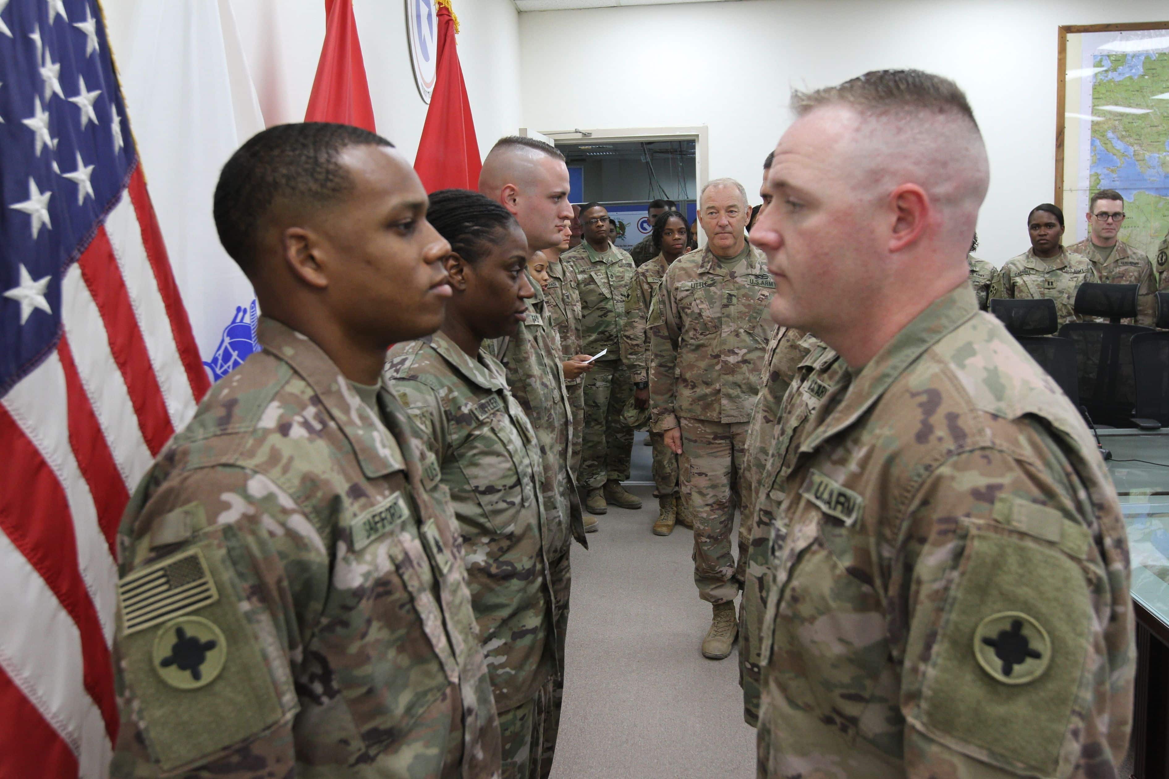 Soldiers of the 184th Sustainment Command are promoted to the rank of sergeant at Camp Arifjan, Kuwait, July 13, 2019. (U.S. Army National Guard photo by Sgt. Ashley Breland)