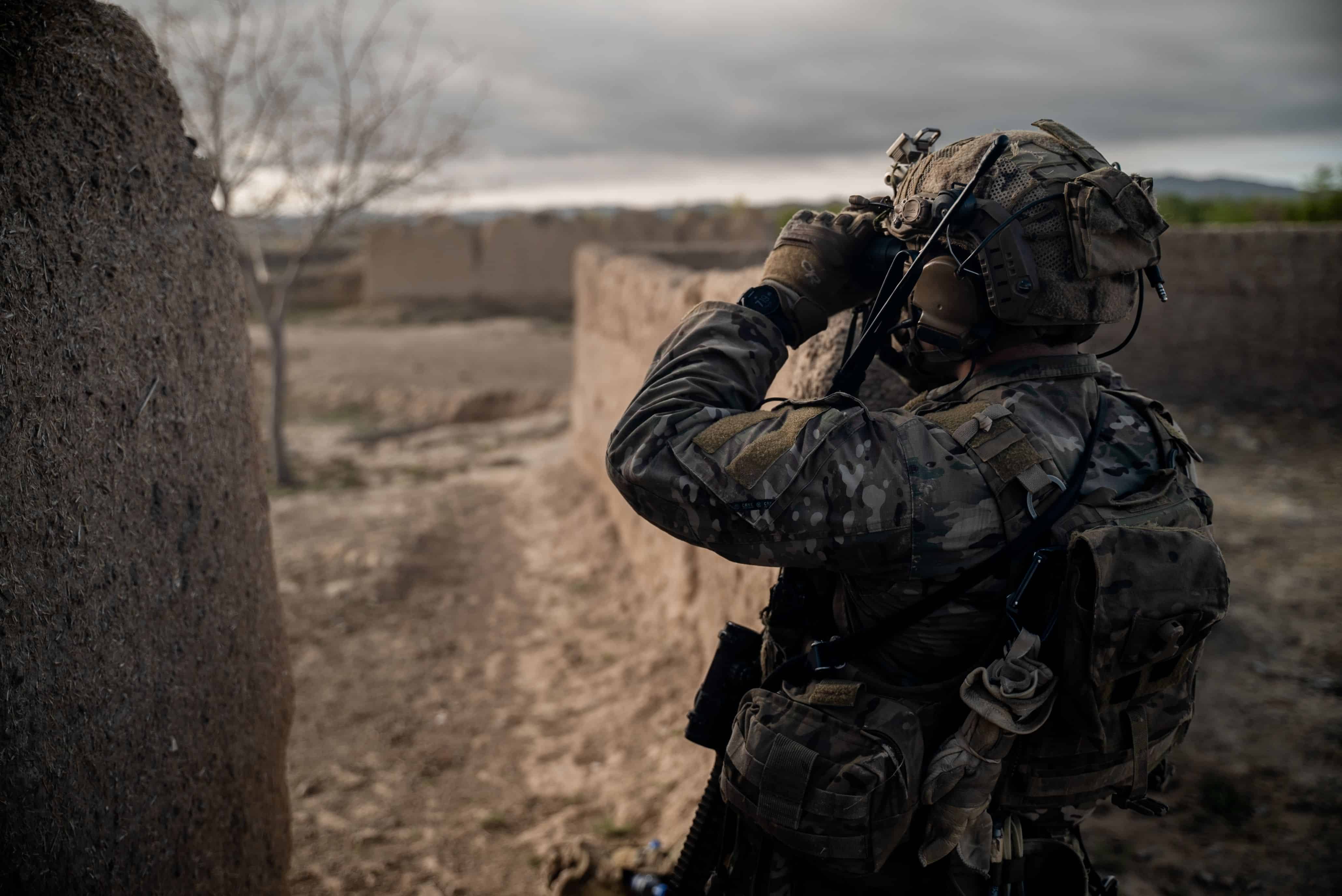 U.S. special operations service members conduct combat operations in support of Operation Resolute Support in Southeast Afghanistan, April 2019. RS is a NATO-led mission to train, advise, and assist the Afghan National Defense and Security Forces and institutions. (U.S. Army photo by Sgt. Jaerett Engeseth)