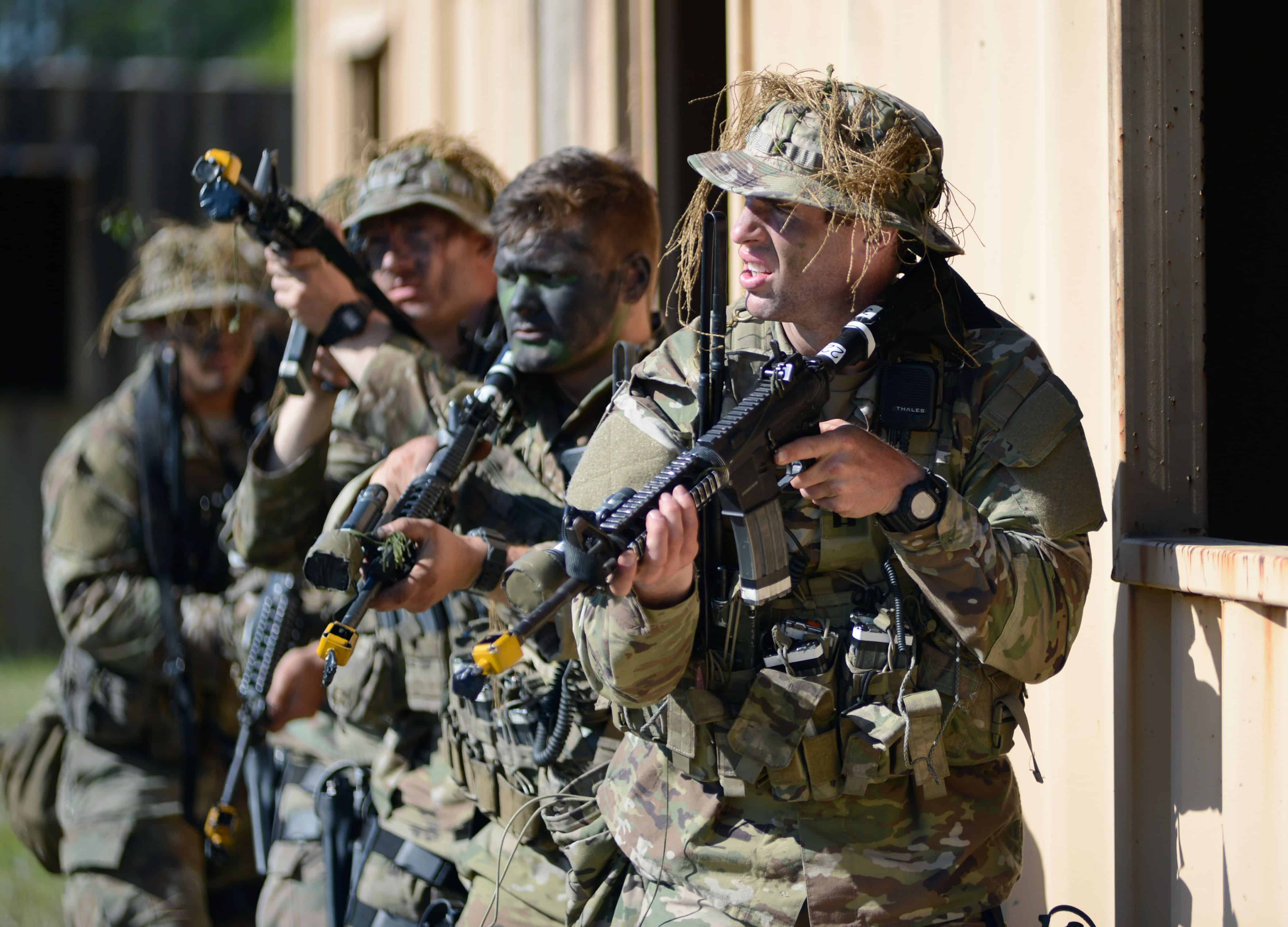 Soldiers assigned to the U.S. Army John F. Kennedy Special Warfare Center and School participate in Basic Urban Combat training during the Tactical Skills portion of the Special Forces Qualification Course (SFQC) at Camp Mackall, North Carolina April 28, 2020. Soldiers participated in SFQC training that tested their knowledge of small-unit tactics and basic urban operations to ensure they possess the combat skills required to not only successfully operate on a Special Forces Operational Detatchment Alpha, but on the battlefields of today and tomorrow. (U.S. Army photo by K. Kassens)