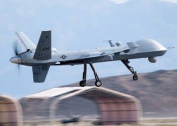 A U.S. Air Force MQ-9 Reaper assigned to the 432nd Wing/432nd Air Expeditionary Wing, takes off from the flightline at Creech Air Force Base, Nevada, Sept. 1, 2021. The 432nd Wing/432nd Expeditionary Wing hosts the global Remotely Piloted Aircraft enterprise. (U.S. Air Force photo by Tech. Sgt. Emerson Nuñez)