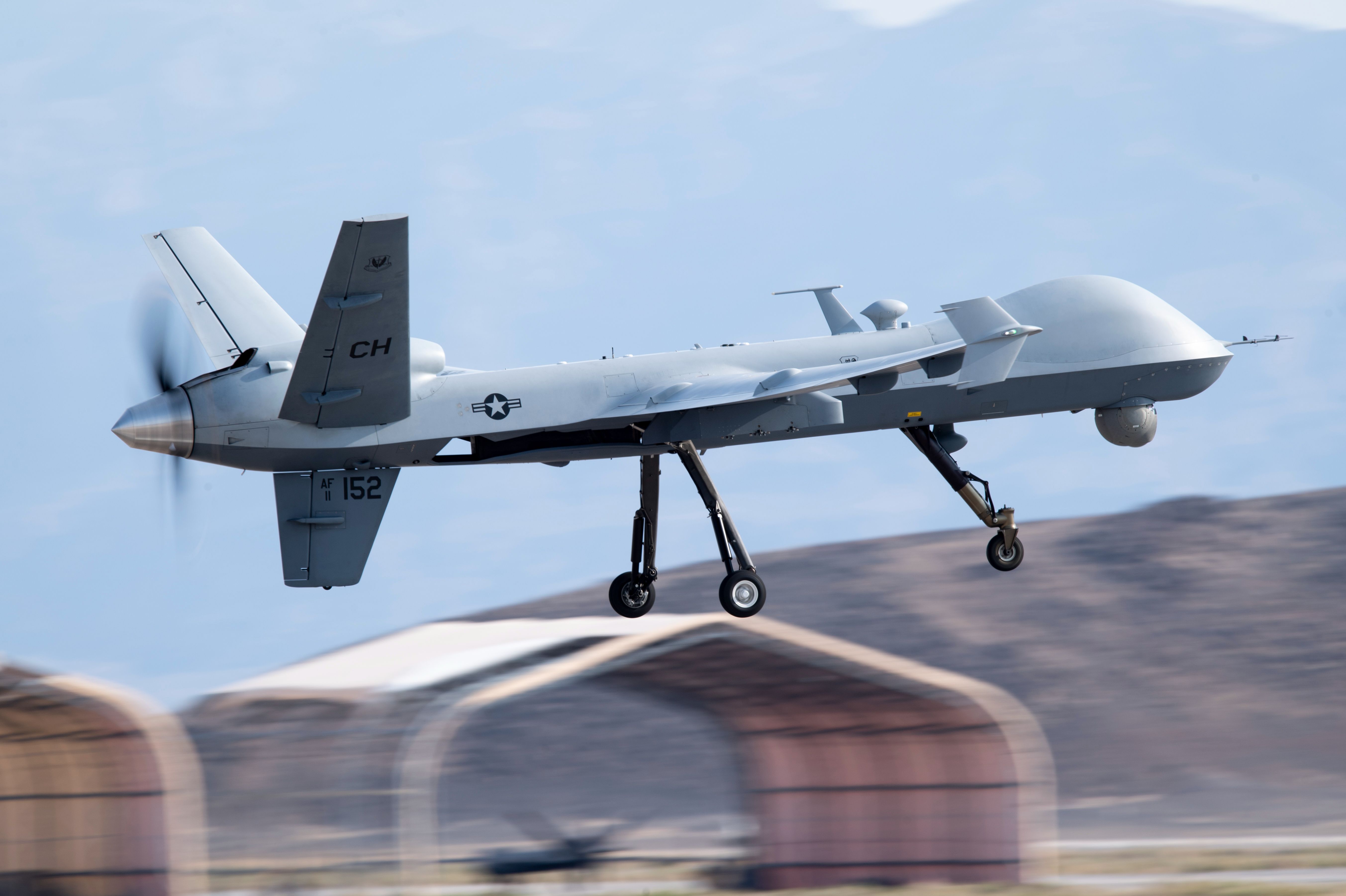 A U.S. Air Force MQ-9 Reaper assigned to the 432nd Wing/432nd Air Expeditionary Wing, takes off from the flightline at Creech Air Force Base, Nevada, Sept. 1, 2021. The 432nd Wing/432nd Expeditionary Wing hosts the global Remotely Piloted Aircraft enterprise. (U.S. Air Force photo by Tech. Sgt. Emerson Nuñez)