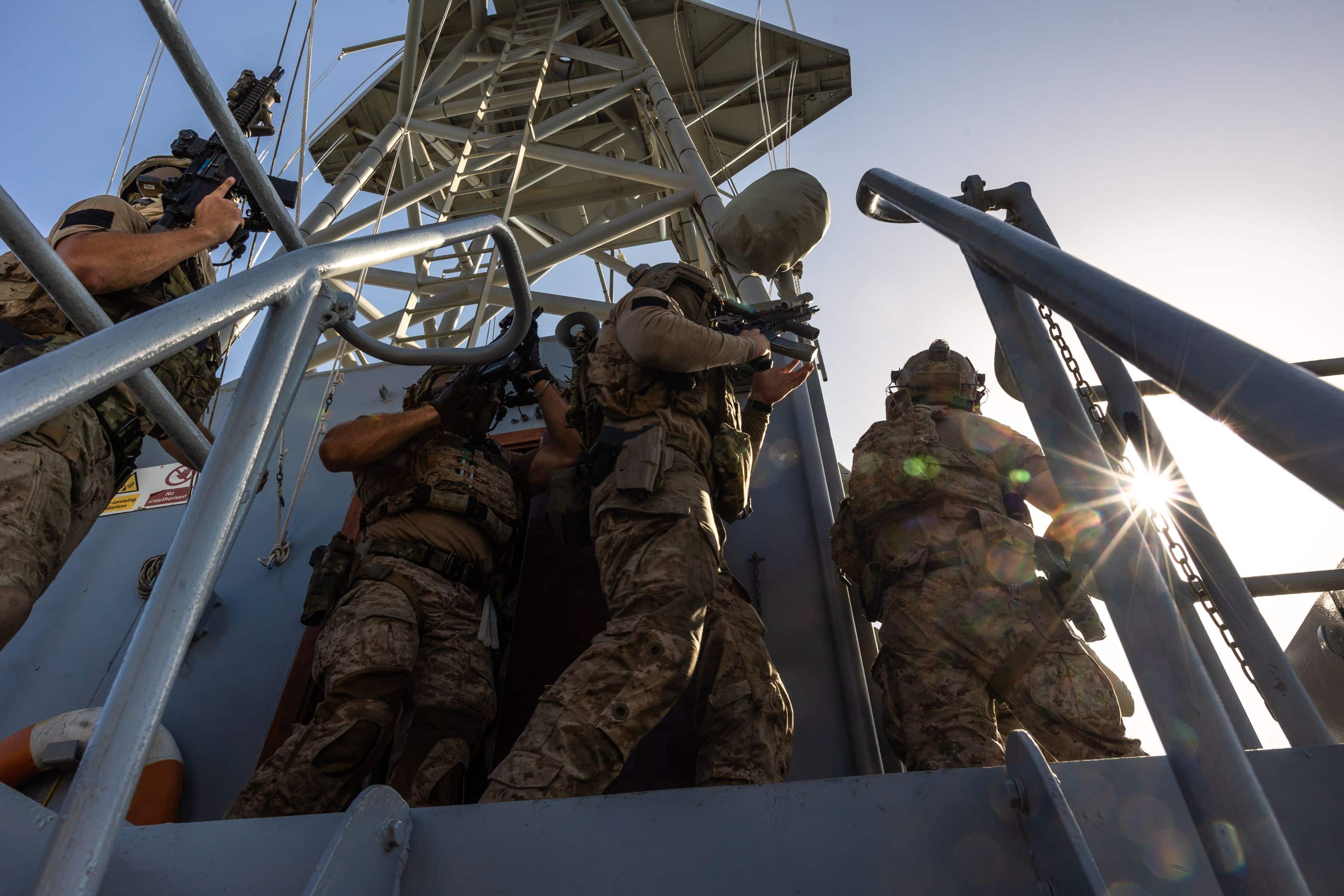 Members of US Naval Special Warfare Task Unit Europe (NSWTU-E) conduct maritime Visit, Board, Search and Seizure (VBSS) training using Colt MK 18 carbines alongside a Cypriot Underwater Demolition Team (MYK) in Cyprus, Thursday September 9th, 2021. Joint Training in the Eastern Mediterranean is essential in maintaining interoperability and strong relationships with ally and partner nations, ensuring stability throughout the theater. (U.S. Army Photo by Sgt. Patrik Orcutt)