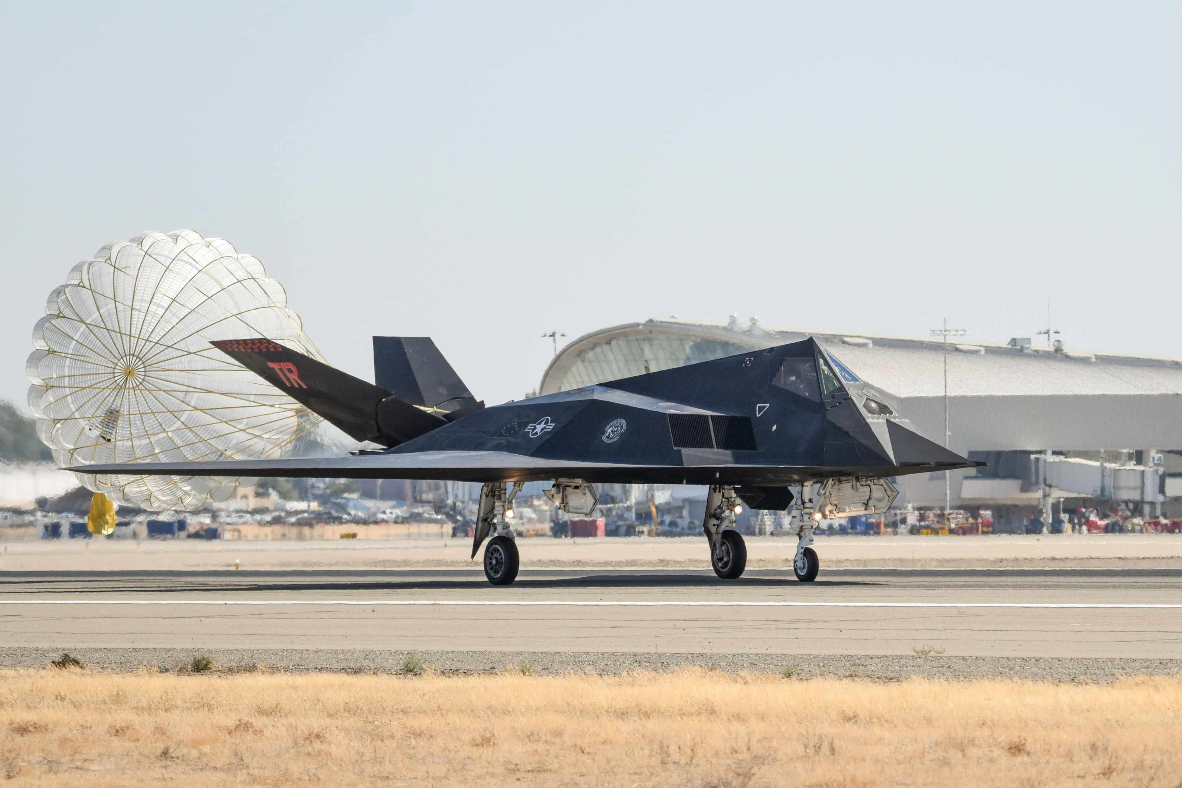 An F-117 Nighthawk lands for the first time at the Fresno Yosemite International Airport, Sept 13, 2021, to conduct training missions with the local Air National Guard unit. Two F-117 Nighthawks are participating in dissimilar air combat training missions this week along with F-15 pilots from the 144th Fighter Wing in Fresno, Calif. (Air National Guard photo by Capt. Jason Sanchez)