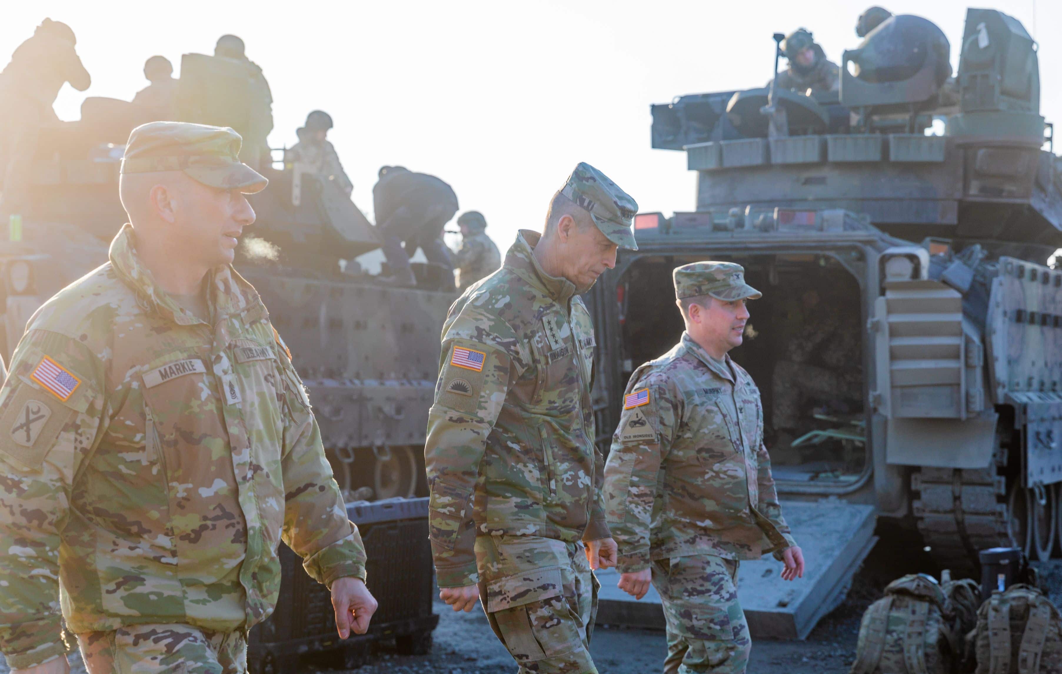 U.S. Army Command Sgt. Maj. Daniel Markle, left, and Col. William Murphy, right, command sergeant major and commander of Task Force Orion, 27th Infantry Brigade Combat Team