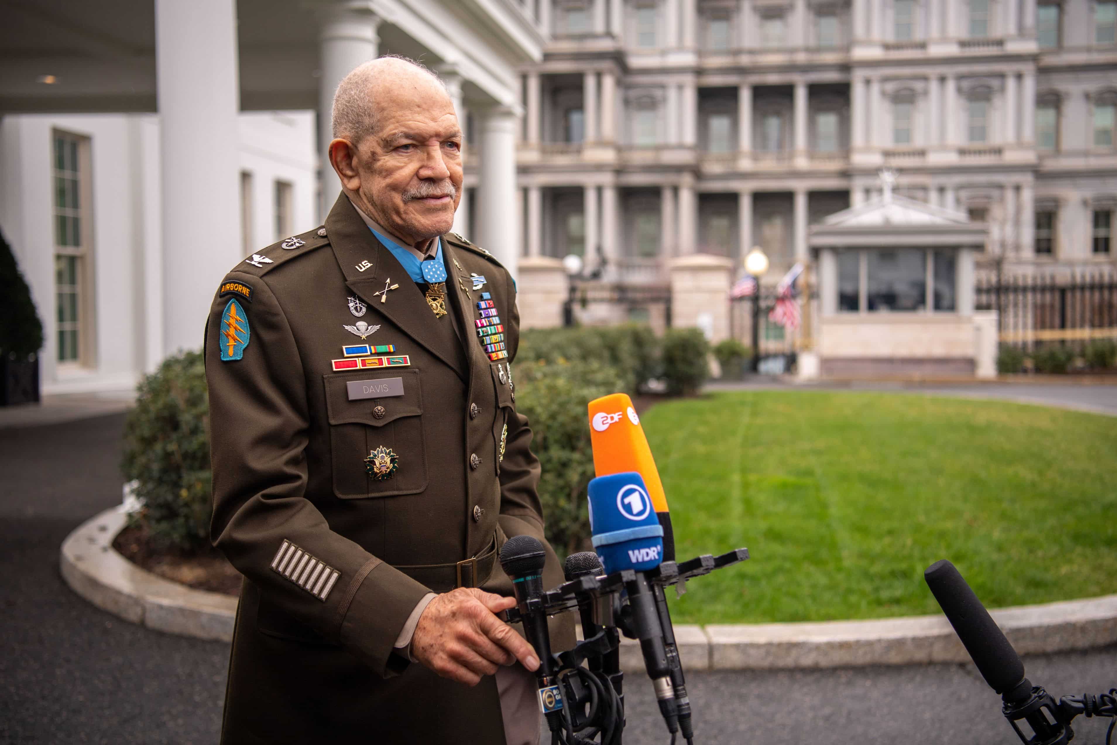 Retired U.S. Army Col. Paris D. Davis addresses the media just after receiving the Medal of Honor at the White House, March 3, 2023.