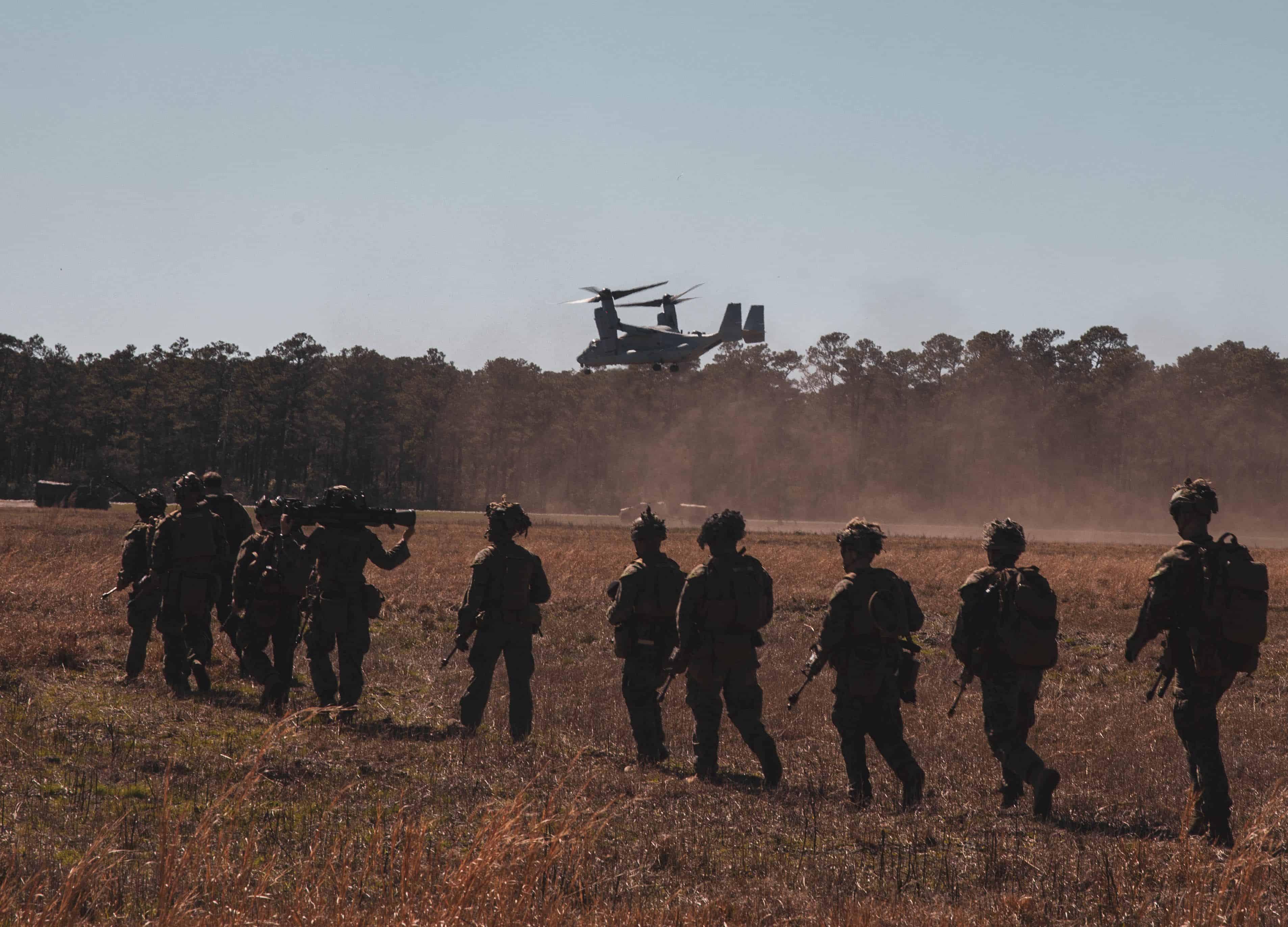 U.S. Marines with Alpha Company, Battalion Landing Team 1/6, 26th Marine Expeditionary Unit (MEU) prepare for takeoff as part of MEU Exercise III at Marine Corps Base Camp Lejeune, North Carolina,March 5, 2023. BLT 1/6 conducted a simulated airfield seizure to mark the beginning of the exercise. (U.S. Marine Corps photo by Cpl. Aziza Kamuhanda)