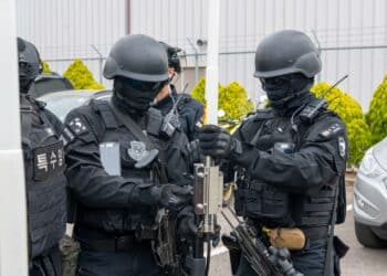 Republic of Korea Air Force military police members set up a mobile communication center during an active shooter training event at Daegu Air Base, ROK, April 24, 2023. Before the training event, evaluators ran through the training in a ‘table top’ format. (U.S. Air Force photo by Airman 1st Class Aaron Edwards)