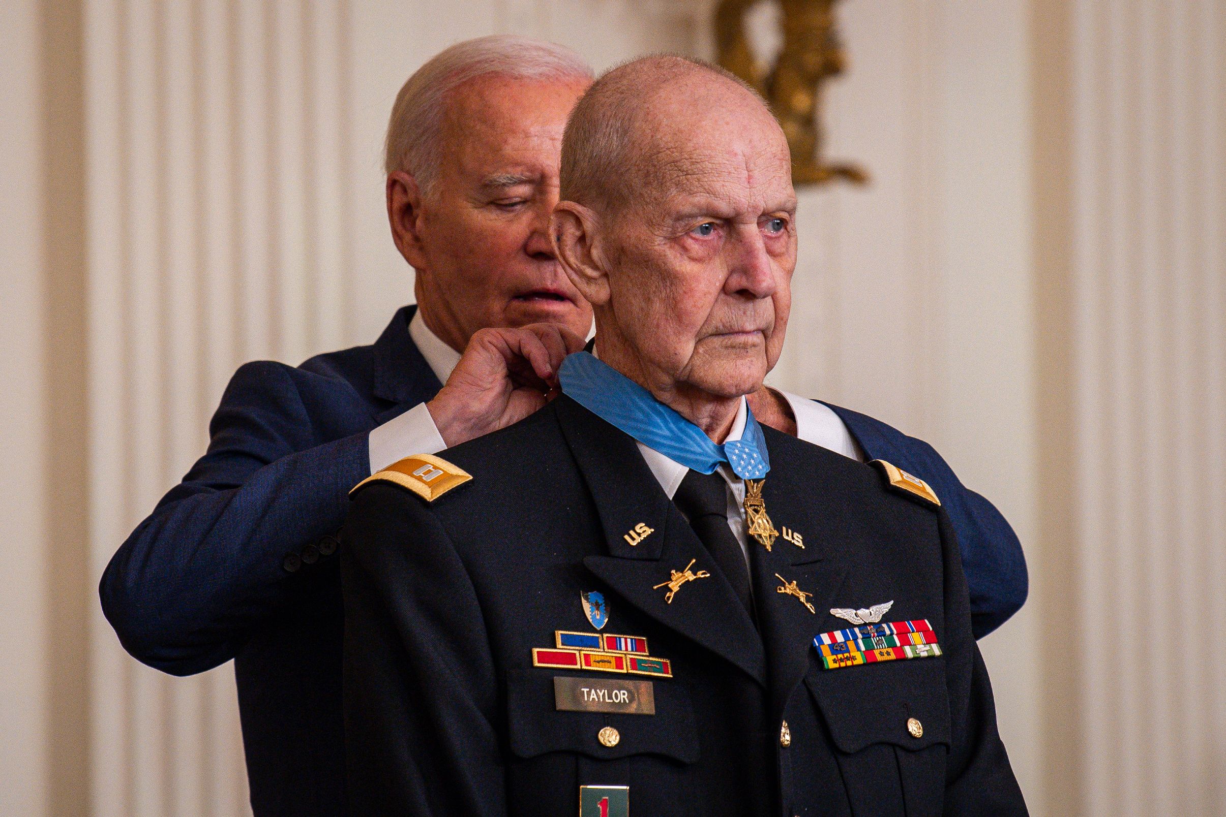 President Joseph R. Biden Jr. presents the Medal of Honor to former U.S. Army Capt. Larry L. Taylor during a ceremony at the White House in Washington, D.C., Sept. 5, 2023.