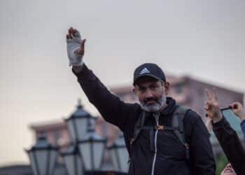 Yerevan, Armenia - April 21st 2018: Opposition leader Nikol Pashinyan is greeting gathered crowd.