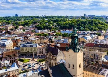 Lviv, city view, historical center. Lviv old city panorama. Roofs of Lviv. Lviv, city view, historical city center, Ukraine, Western Ukraine.