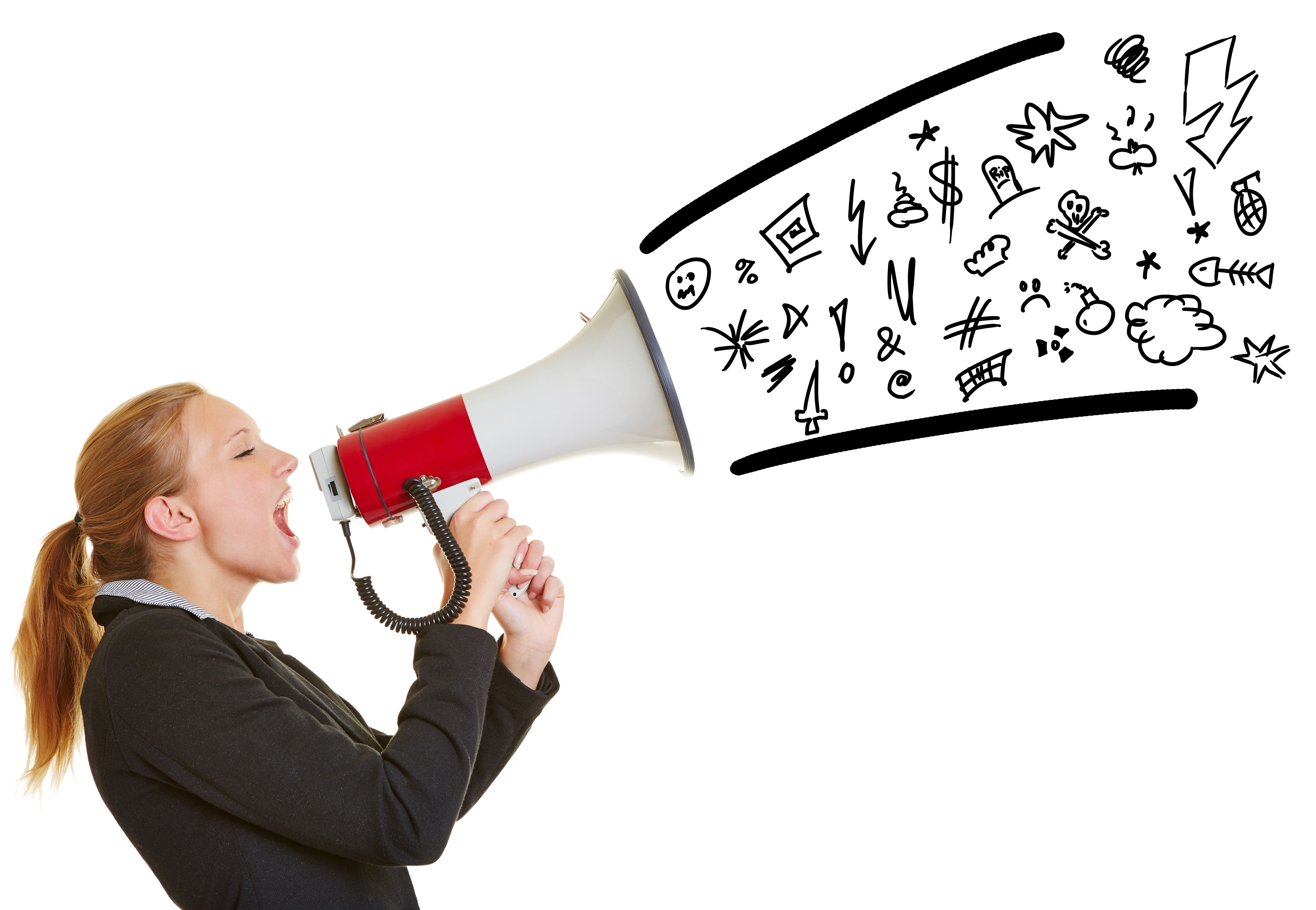 Young angry business woman ranting in a megaphone with symbols coming out
