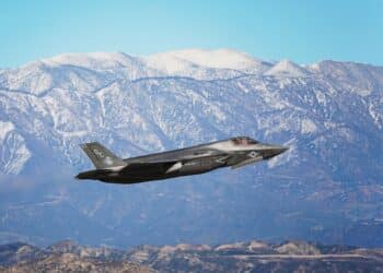 Moreno Valley, California - Feb 27, 2022: US Marine Corps Lockheed Martin F-35 departing from March ARB.