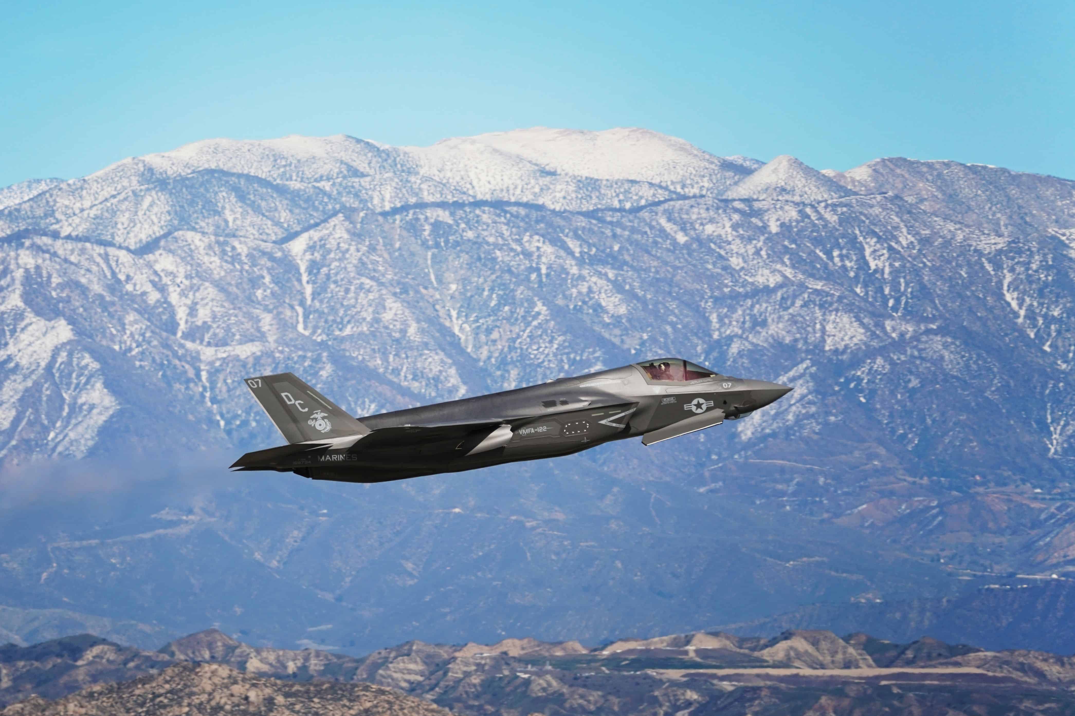 Moreno Valley, California - Feb 27, 2022: US Marine Corps Lockheed Martin F-35 departing from March ARB.