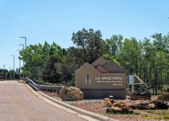 Colorado Springs, CO - July 8, 2022:U.S. Space Force Peterson Space Force Base Main Gate sign