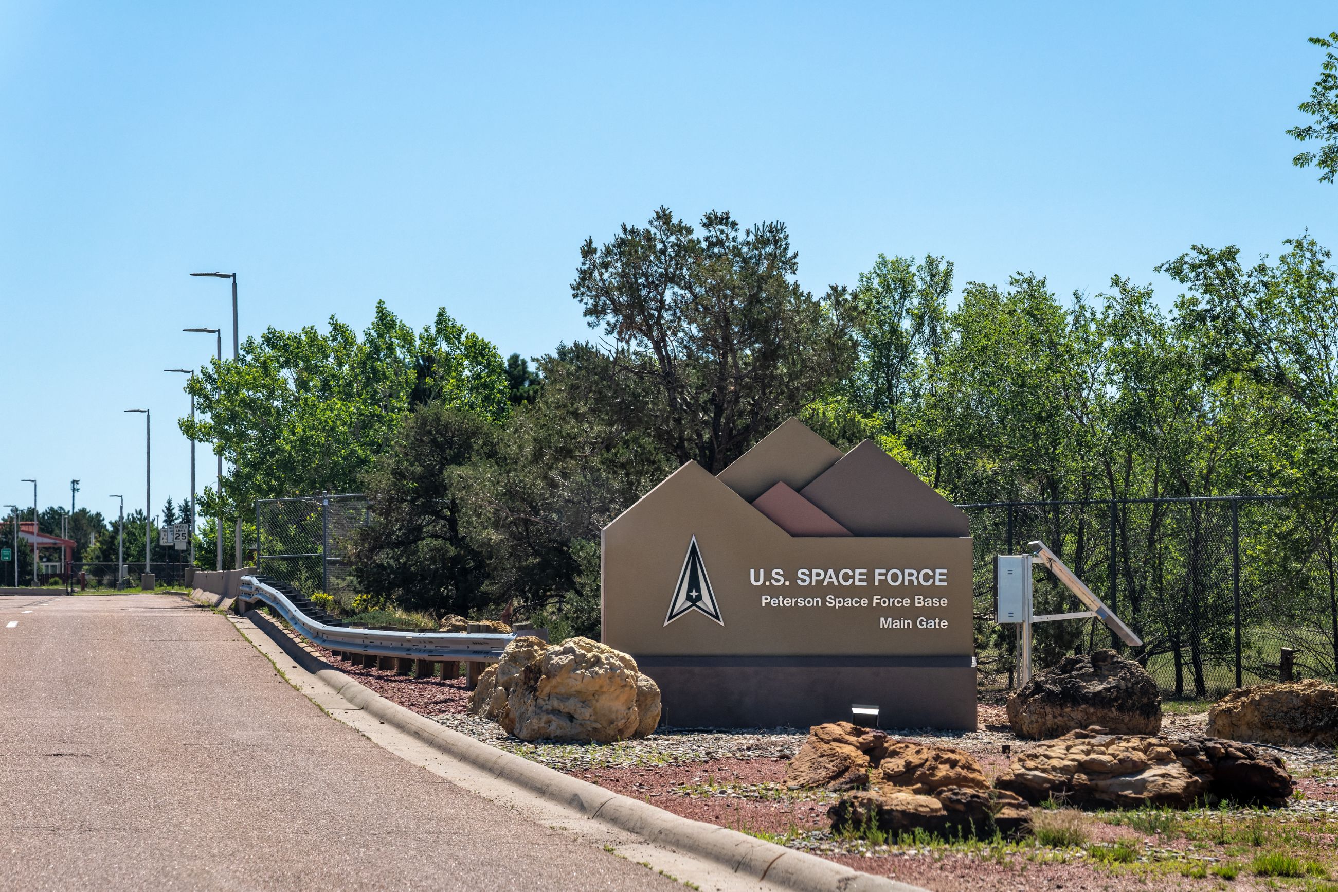 Colorado Springs, CO - July 8, 2022:U.S. Space Force Peterson Space Force Base Main Gate sign