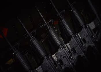 AR-15 type semi-automatic rifles, XM 15 - E2S produced by Bushmaster Firearms International, LLC, AR-15 Caliber 223 Remington - 5.56 45mm NATO. Gun background for gun fans. 19.08.2022 Moscow, Russia