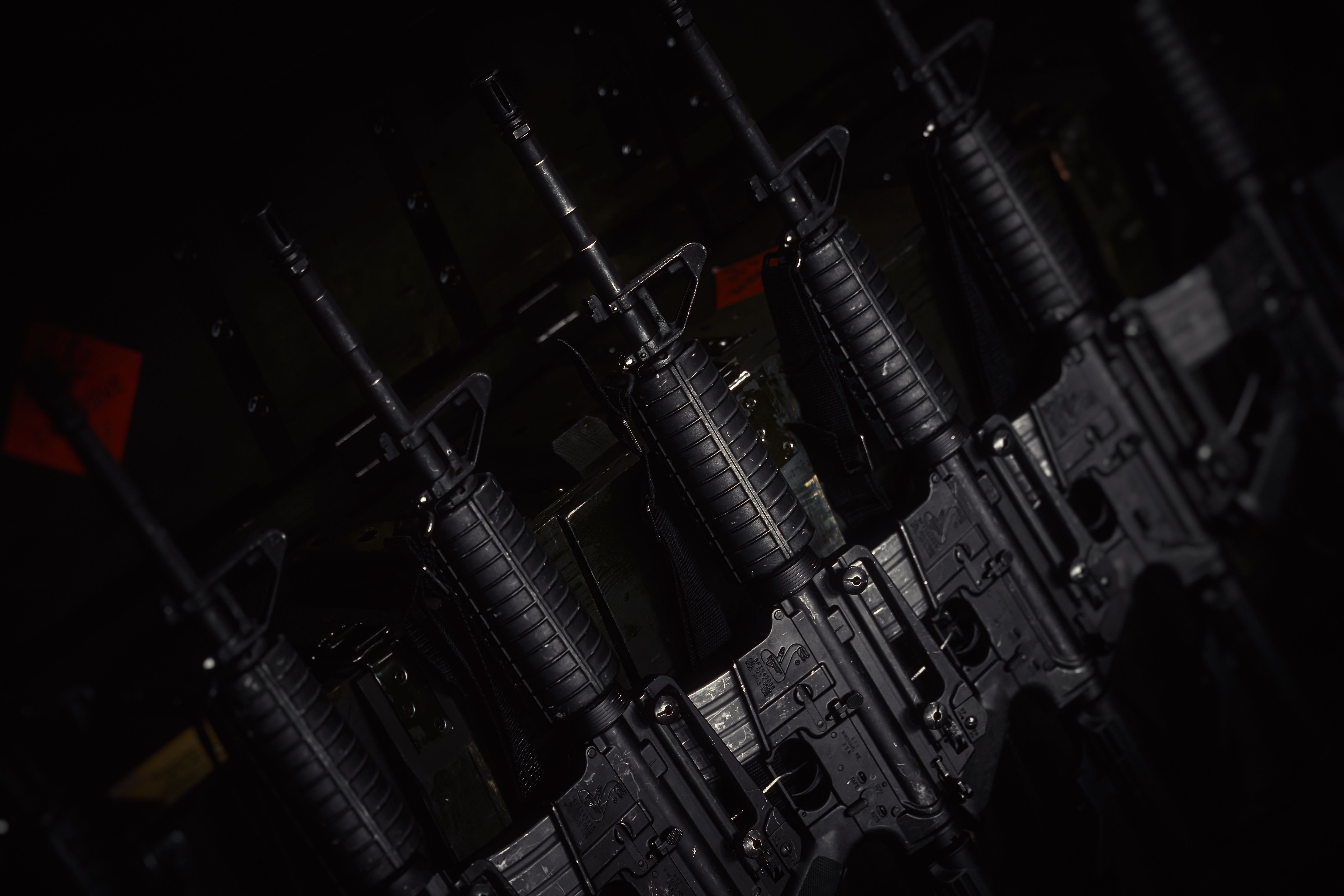AR-15 type semi-automatic rifles, XM 15 - E2S produced by Bushmaster Firearms International, LLC, AR-15 Caliber 223 Remington - 5.56 45mm NATO. Gun background for gun fans. 19.08.2022 Moscow, Russia