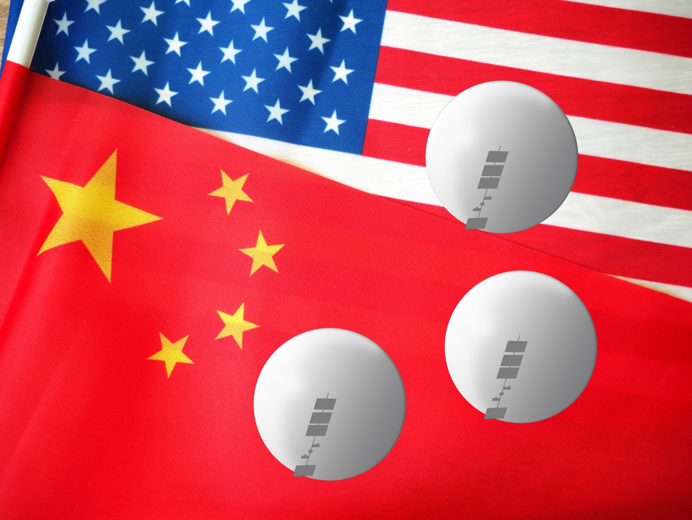 Chinese balloon incident 2023, balloons on Russian and American flags background, Spy balloon, violation airspace concept