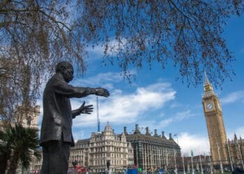 London, UK 12 April 2023- Statue of Nelson Mandela, Parliament Square