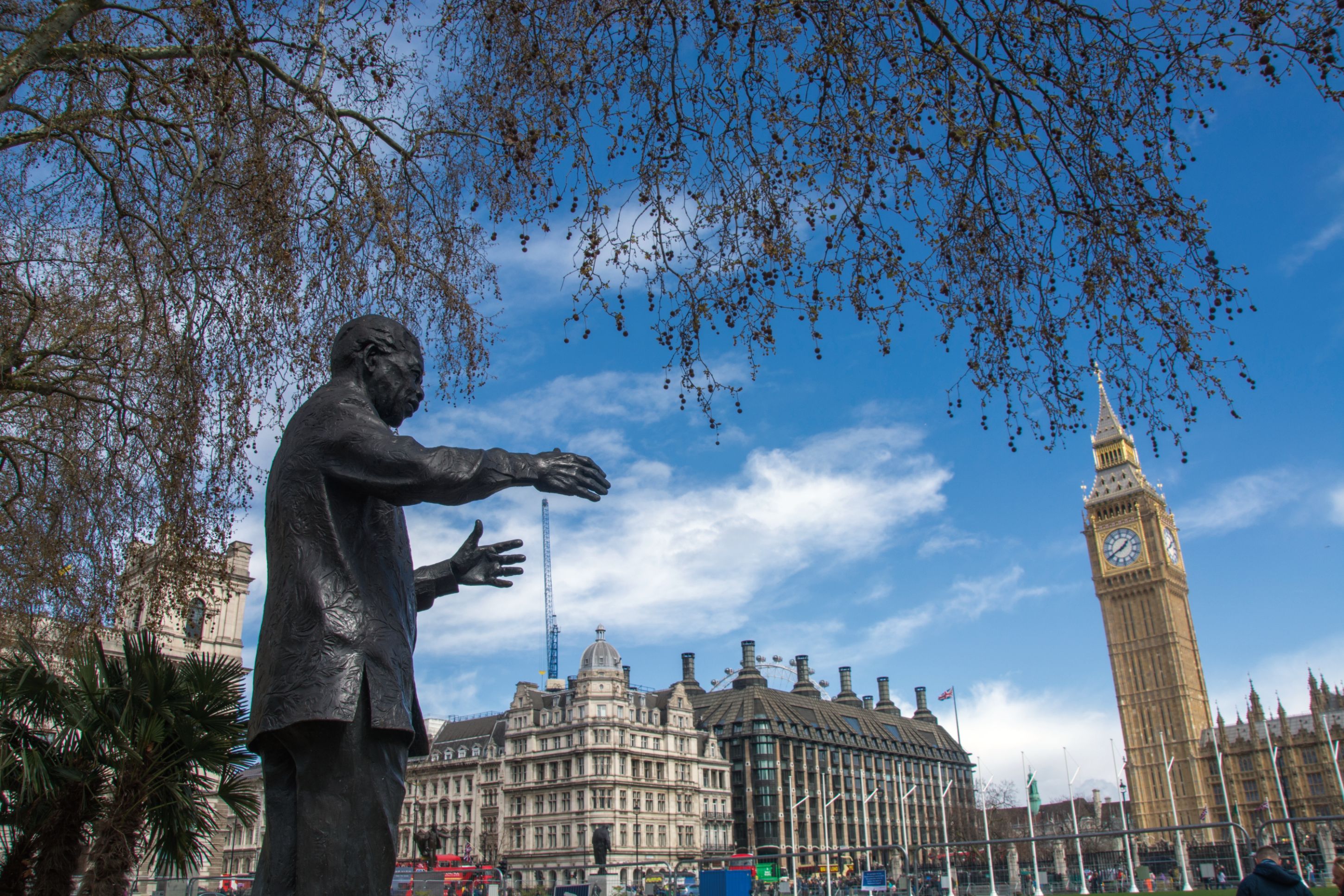 London, UK 12 April 2023- Statue of Nelson Mandela, Parliament Square