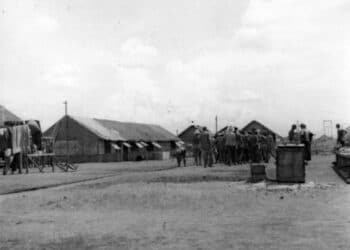 A rare photograph of Allied POWs marching in formation at Cabanatuan Prison in the early 1940s. Crotty was remembered by fellow prisoners for his sense of optimism despite his dire surroundings in the prison camp. Courtesy of the MacArthur Memorial Library, Norfolk, Virginia.