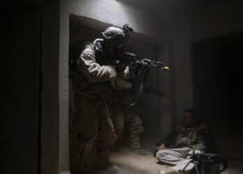 U.S. Army Soldiers assigned to 5th Battalion, 20th Infantry Regiment, 1st Brigade Combat Team, 2nd Infantry Division, clear an enemy tunnel complex during Decisive Action Rotation 18-06 at the National Training Center in Fort Irwin, Calif., April 15, 2018.