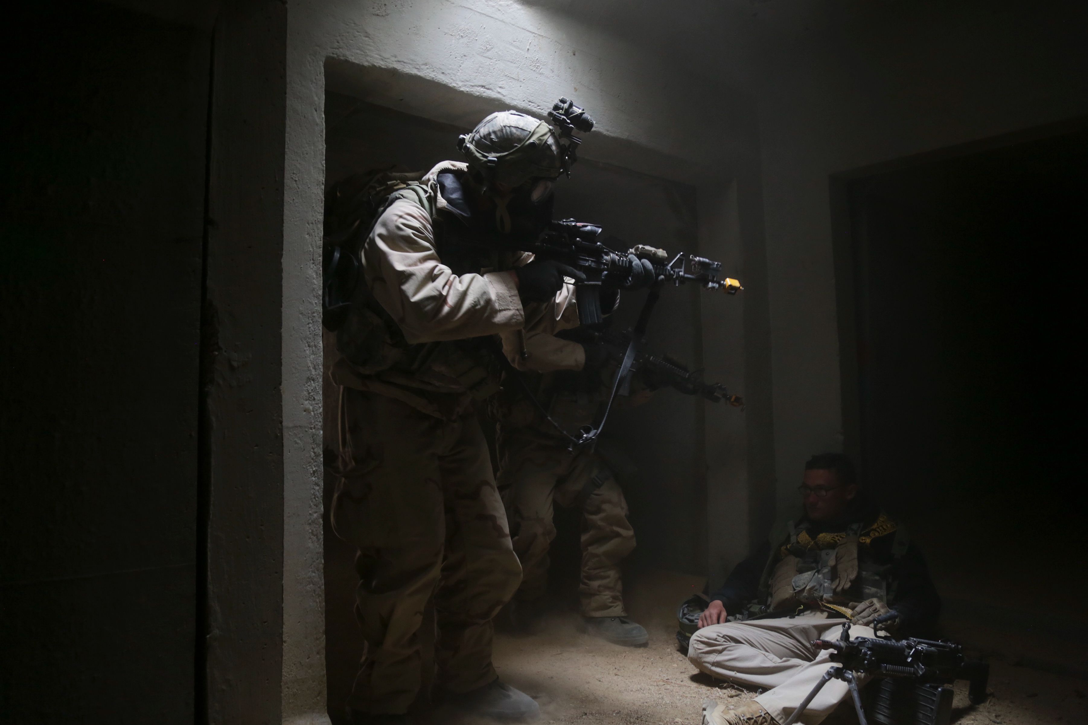 U.S. Army Soldiers assigned to 5th Battalion, 20th Infantry Regiment, 1st Brigade Combat Team, 2nd Infantry Division, clear an enemy tunnel complex during Decisive Action Rotation 18-06 at the National Training Center in Fort Irwin, Calif., April 15, 2018.