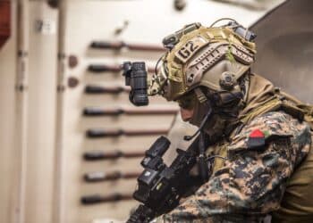 A U.S. Marine with the Maritime Raid Force, 26th Marine Expeditionary Unit (MEU), provides security as part of a Visit, Board, Search and Seizure (VBSS) mission during Amphibious Ready Group (ARG), MEU exercise (ARGMEUEX) in the vicinity of Camp Lejeune, North Carolina, Aug. 27, 2019. VBSS is part of the Maritime Interception Operations that aim to delay, disrupt, or destroy enemy forces or supplies in the Maritime domain. (U.S. Marine Corps photo by Cpl. Tanner Seims)