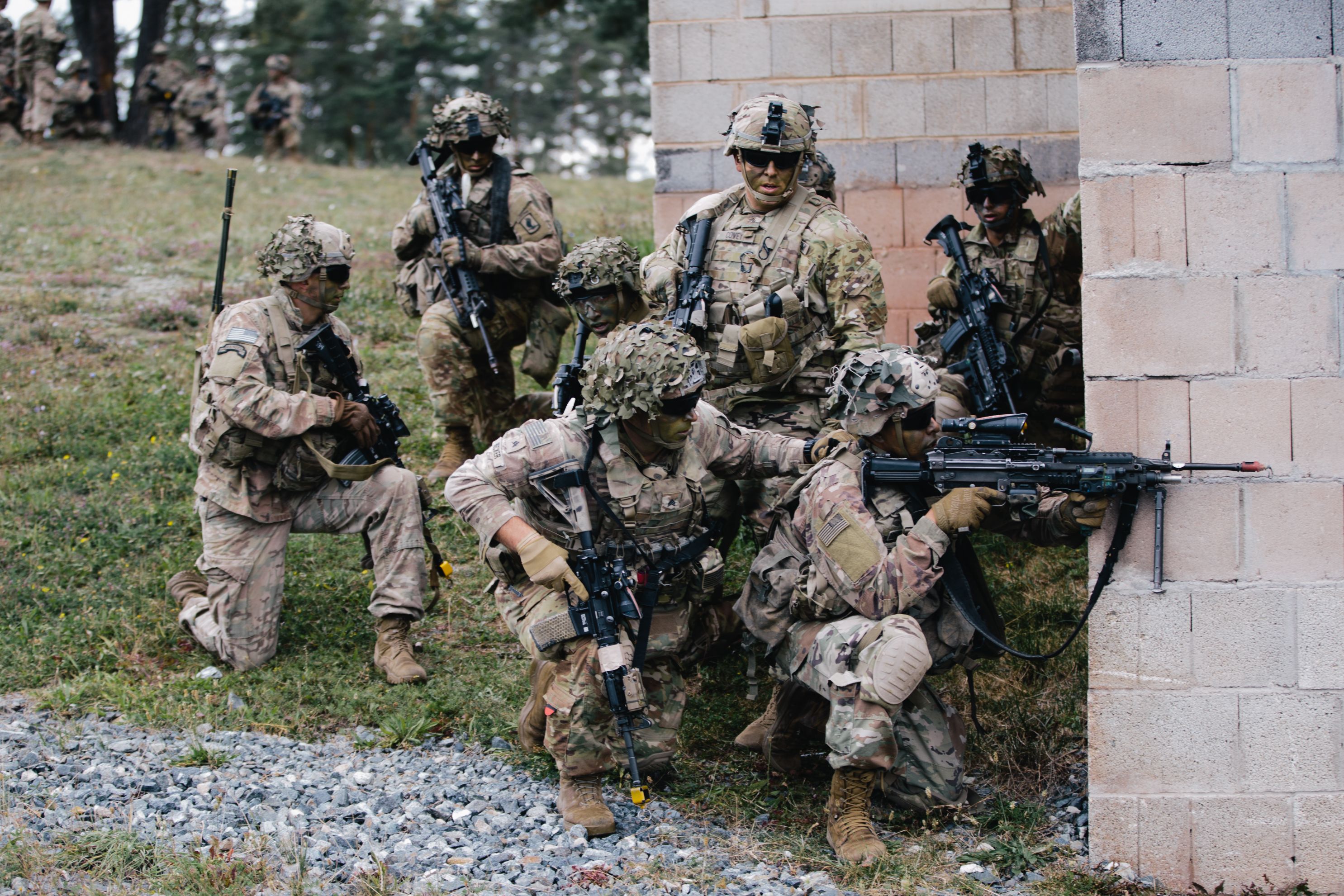 U.S. Army paratroopers assigned to 2nd Battalion, 503rd Infantry Regiment clear a town during urban operations training in Grafenwoehr Training Area during Saber Junction 2019.