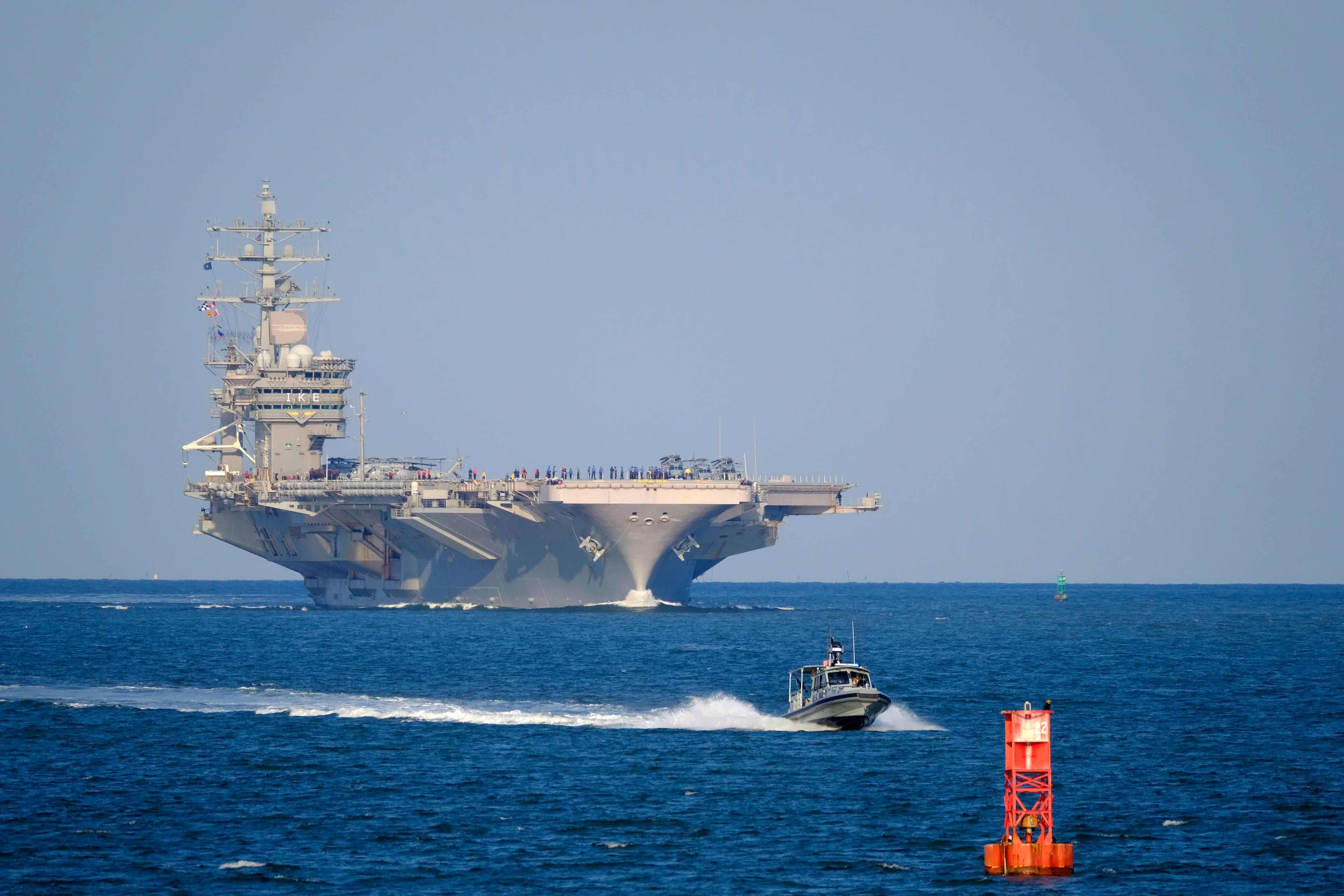 NORFOLK (Sept. 7, 2019) The Nimitz-class aircraft carrier USS Dwight D. Eisenhower (CVN 69) returns to its homeport of Norfolk, Va. after being sent to sea to avoid the effects of Hurricane Dorian. Hampton Roads area ships are returning to their homeport now that the threat from Hurricane Dorian has passed. (Photo by Nancy E. Sheppard/Released)
