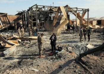 Media outlets visit one of the many impact sites created by the recent missile attacks at Al Asad Air Base, Iraq, Jan. 13, 2020. Multiple international news agencies were invited by military officials to participate in a media event at Al Asad due to the recent ballistic missile attacks. (U.S. Army photo by Spc. Derek Mustard)