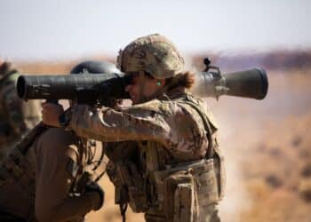 A soldier deployed to At-Tanf Garrison, Syria, fires an M3 Carl Gustaf Recoilless Rifle during a familiarization range hosted by Special Forces July 19, 2020. The Conventional and SOF relationship at the ATG helps enable the US's ability to bring stability to the region, and deters Daesh enemies from entering the 55km area. (US Army Photo by Spc. Chris Estrada)
