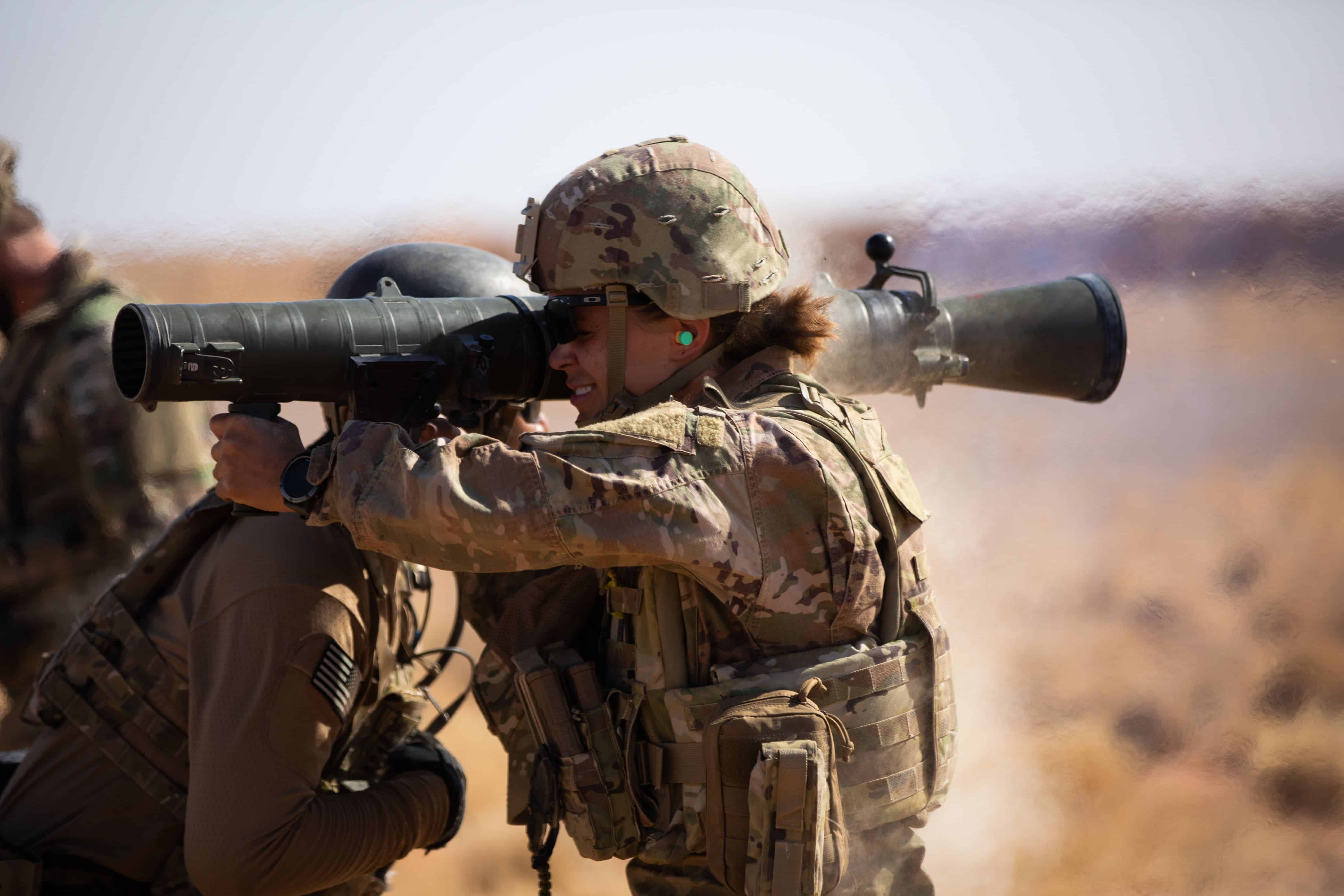 A soldier deployed to At-Tanf Garrison, Syria, fires an M3 Carl Gustaf Recoilless Rifle during a familiarization range hosted by Special Forces July 19, 2020. The Conventional and SOF relationship at the ATG helps enable the US's ability to bring stability to the region, and deters Daesh enemies from entering the 55km area. (US Army Photo by Spc. Chris Estrada)
