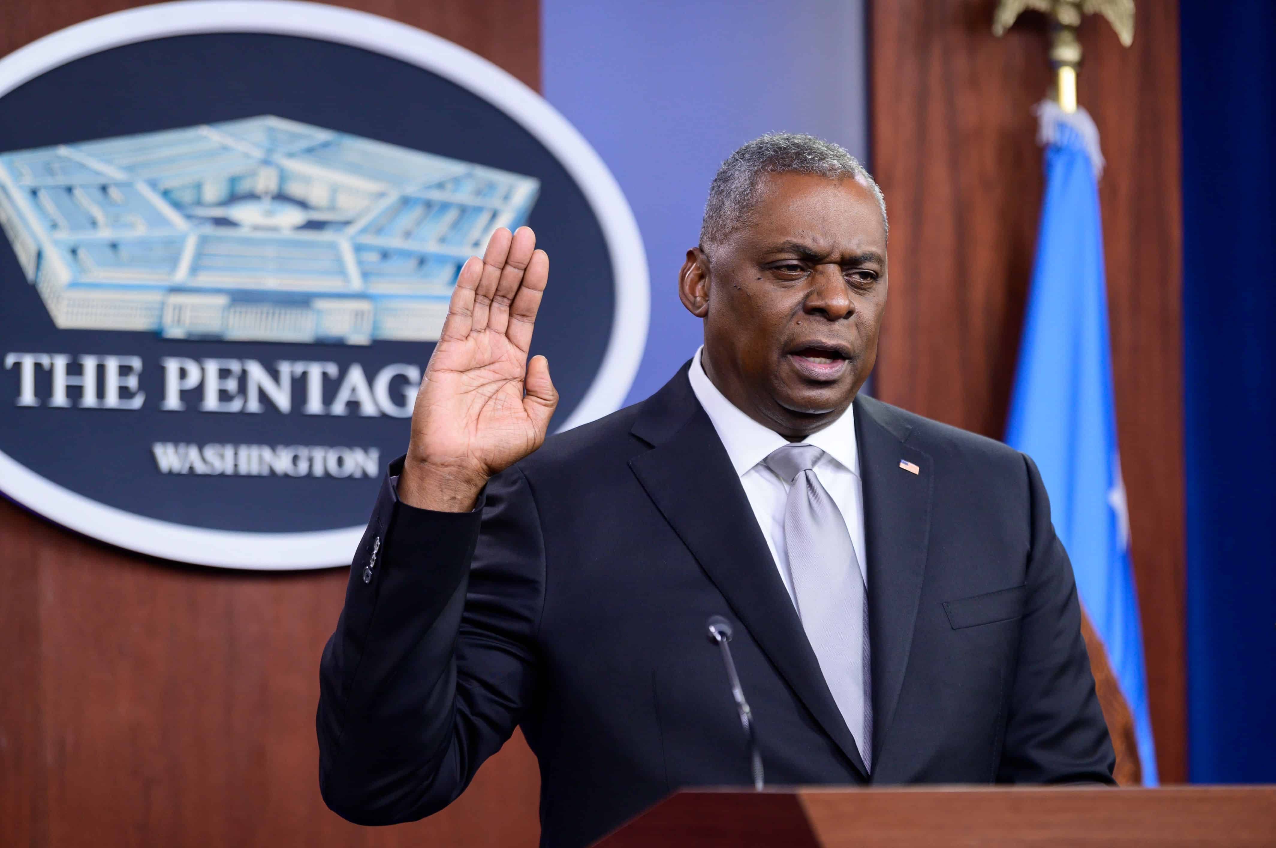 Secretary of Defense Lloyd J. Austin III administers the Oath of Office to newly appointed Armed Forces officers during the 2021 Florida Agricultural and Mechanical University commencement ceremony, virtually, at the Pentagon, Washington, D.C., April 24, 2021. (DoD photo by U.S. Air Force Staff Sgt. Brittany A. Chase)