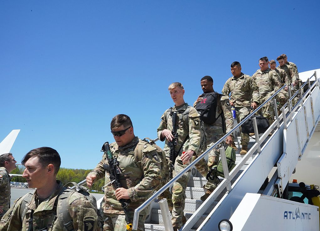 (Above and below photos) Soldiers assigned to Task Force Leader, from the 3rd Brigade Combat Team, 101st Airborne Division (Air Assault), arrive at New York Stewart International Airport May 10 to support the U.S. Military Academy with USMA’s Cadet Summer Training.