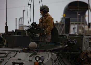 U.S. Marine Corps Light Armored Vehicles assigned to the Battalion Landing Team 1/6, 26th Marine Expeditionary Unit (MEU), are offloaded and staged during a raid part of MEUEX II on Marine Corps Base Camp Lejeune, North Carolina, Feb. 2, 2023. The raid was the culminating event for MEUEX II, following Amphibious Squadron/Marine Expeditionary Unit Integration Training (PMINT).
