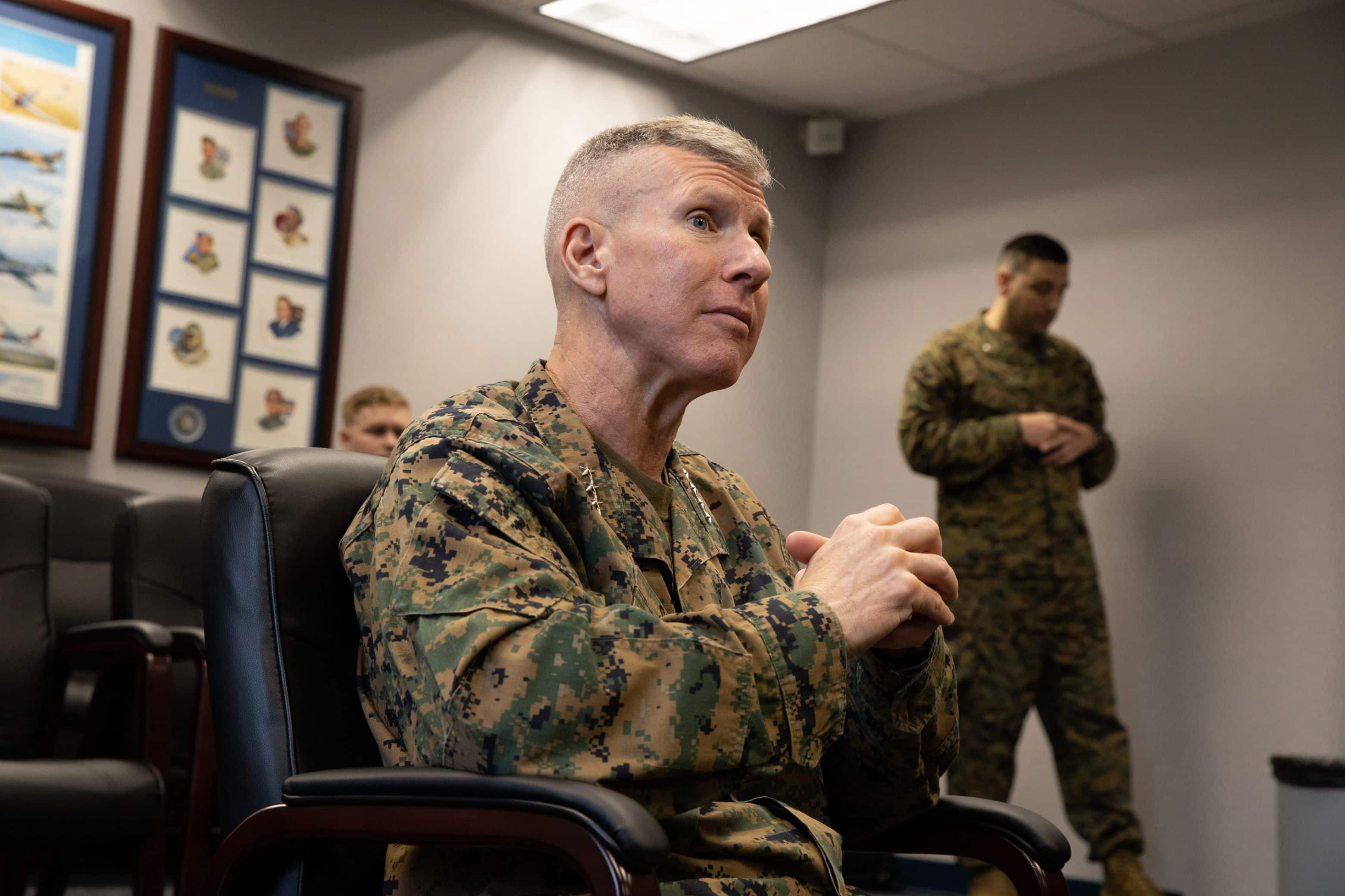 U.S. Marine Gen. Eric M. Smith, the Assistant Commandant of the Marine Corps, speaks to Marines from Marine Corps Recruiting Station Montgomery and Weapons Company, 3rd Battalion 23rd Marines at Maxwell Air Force Base in Montgomery, Alabama, Feb. 10, 2023. The purpose of this visit was to communicate with the Marines to address questions and concerns about improving the force. (U.S. Marine Corps photo by Sgt. Shannon Doherty)
