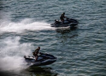 U.S. marine patrolmen assigned to the 6th Security Forces Squadron operate jet skis in Hillsborough Bay, Florida, during Operation Neptune Storm May 17, 2023. The operation included assets from the 6th Security Forces Squadron, U.S. Coast Guard, Tampa Fire Rescue, Florida Fish and Wildlife Commission, Tampa Police Department