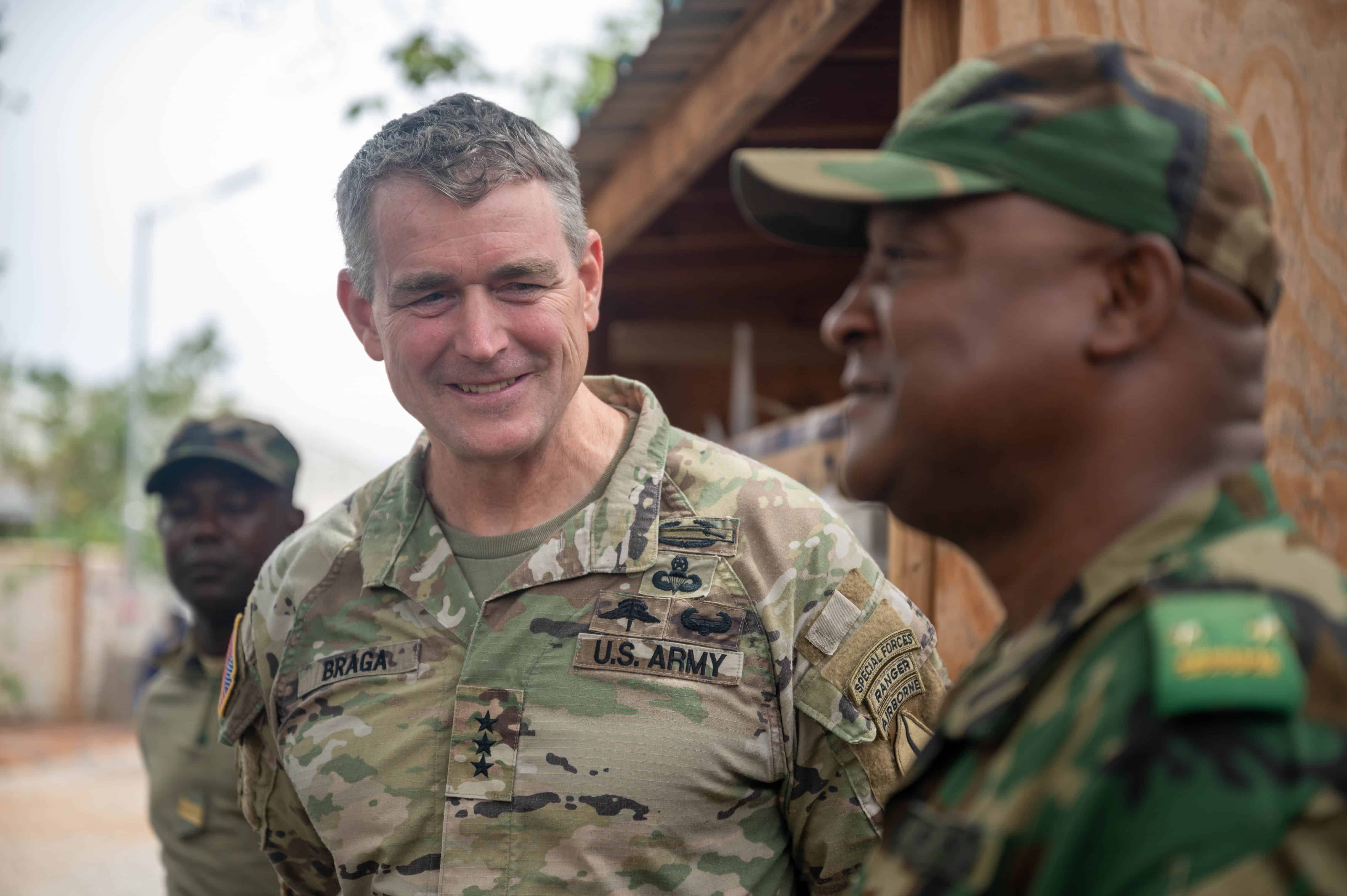 U.S. Army Lt. Gen. Jonathan Braga, U.S. Army Special Operations commander, meets with Brig. Gen. Moussa Barmou, Niger Special Operations Forces commander, to discuss anti-terrorism policy and tactics throughout the region, at Air Base 101, Niger, June 12, 2023.