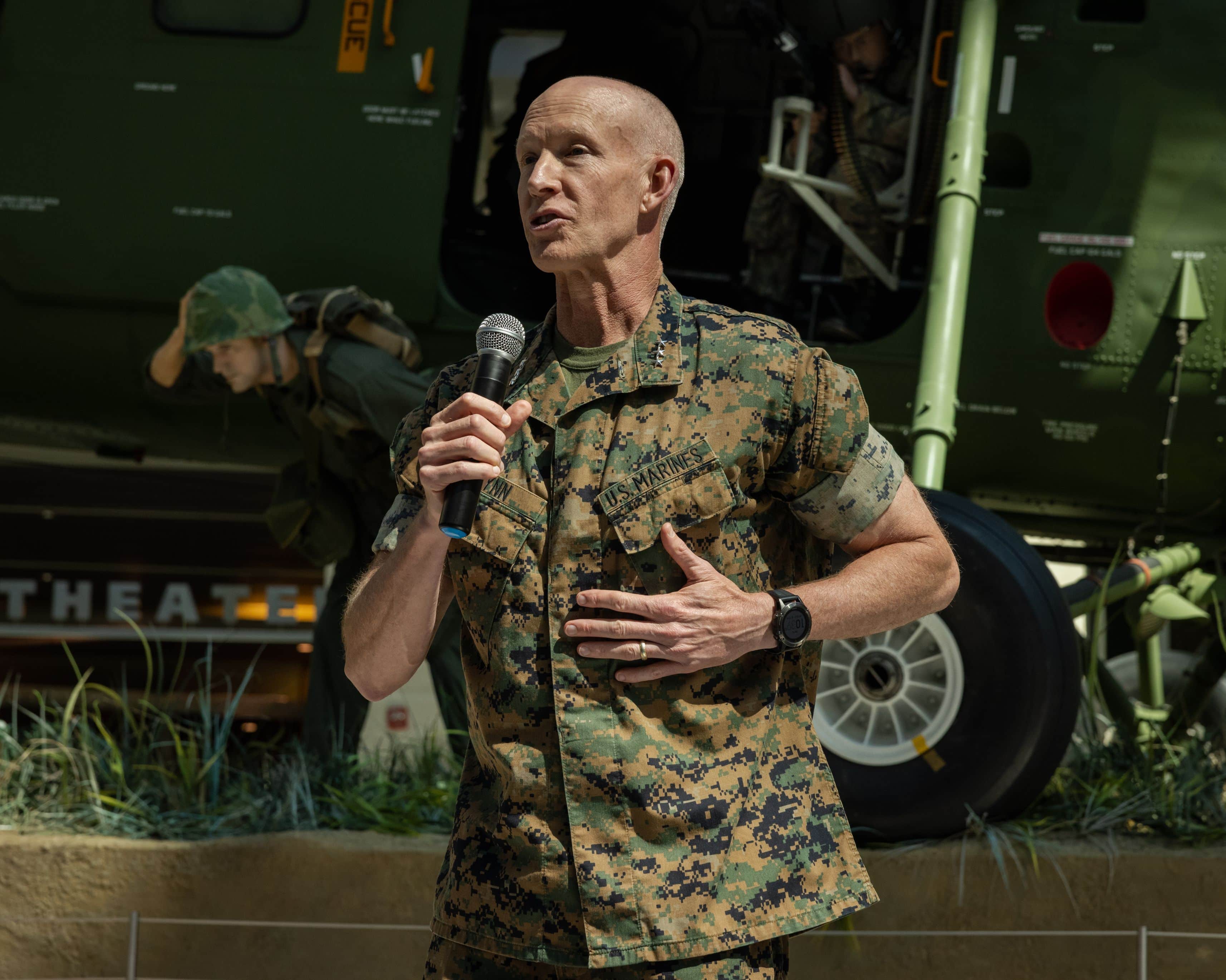 U.S. Marine Corps Lt. Gen. James Glynn, deputy commandant, Manpower and Reserve Affairs, a native of Albany, NY, gives a speech during the Wounded Warrior Regiment change of command at the National Museum of the Marine Corps, Virginia, July 14, 2023.